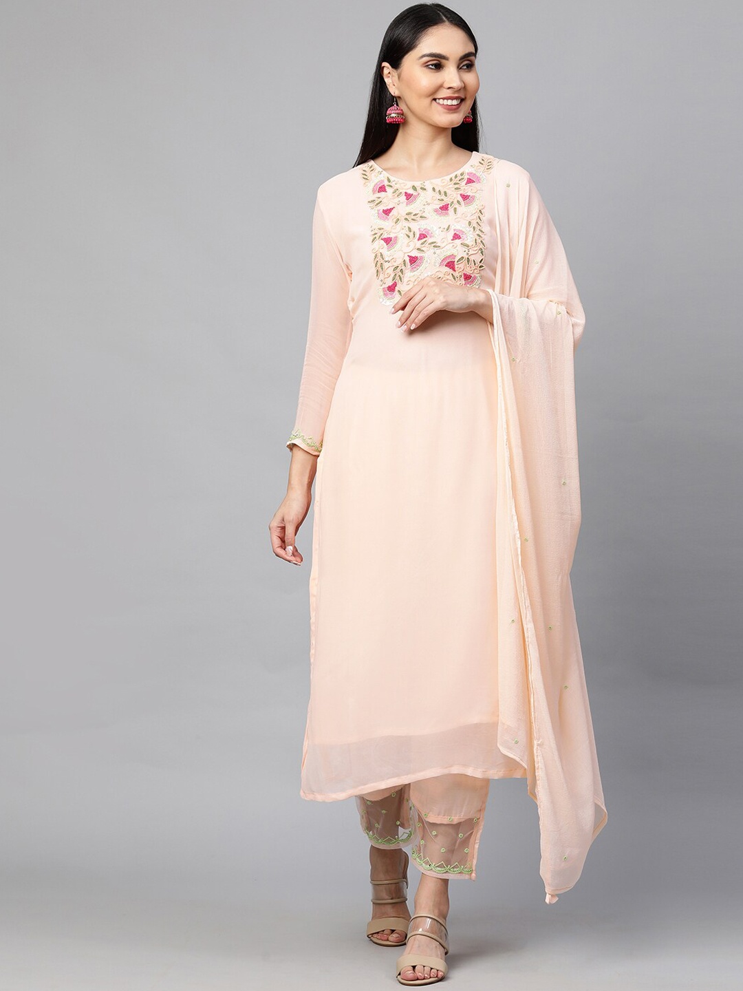 

FASHOR Women Peach-Coloured Yoke Design Kurta with Trousers