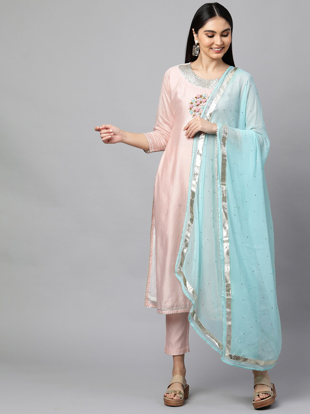 

FASHOR Women Pink Floral Embroidered Beads and Stones Chanderi Silk Kurta with Trousers & With Dupatta