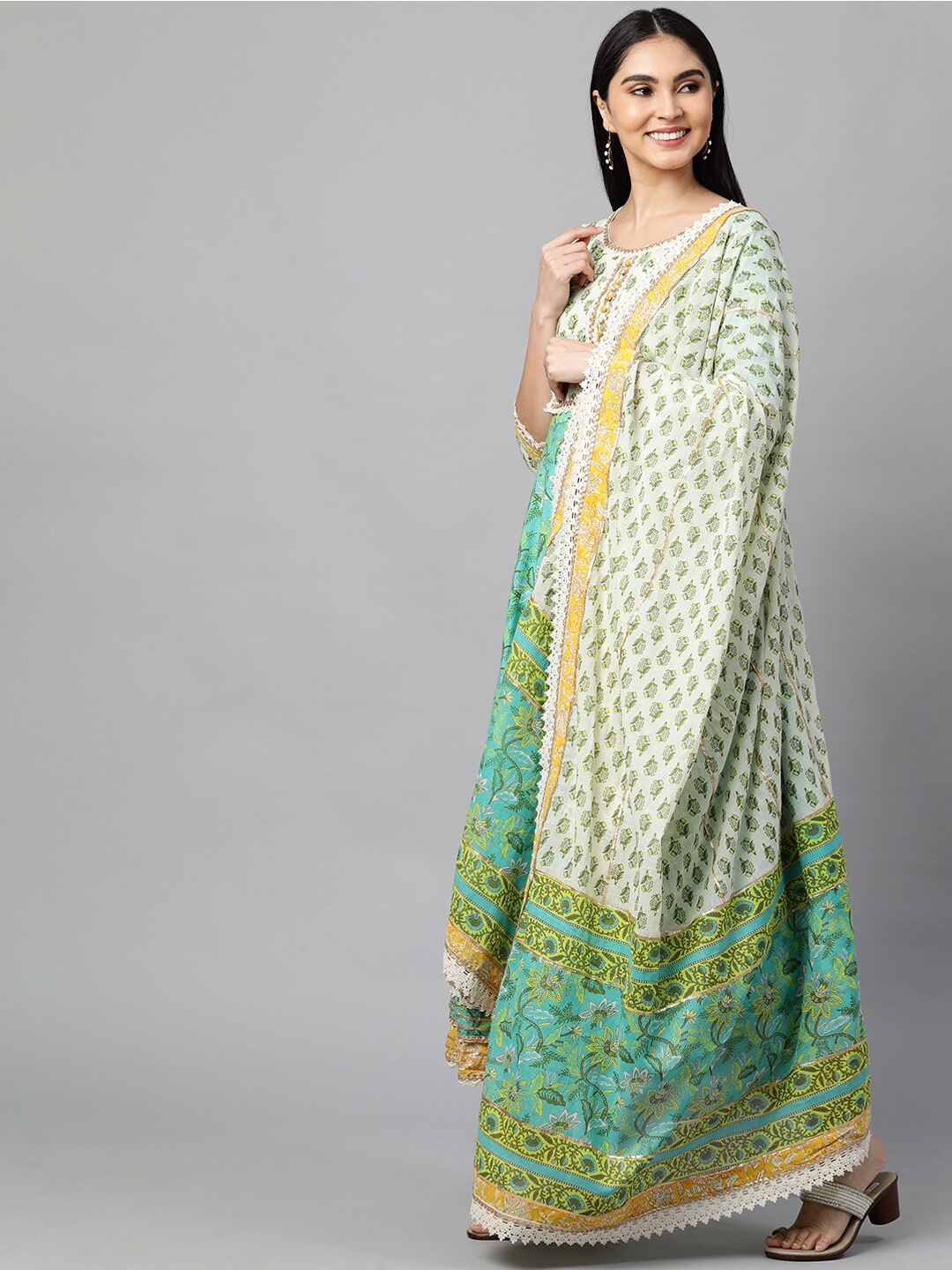 

FASHOR Women Sea Green Ethnic Motifs Printed Layered Gotta Patti Pure Cotton Kurta with Trousers & With