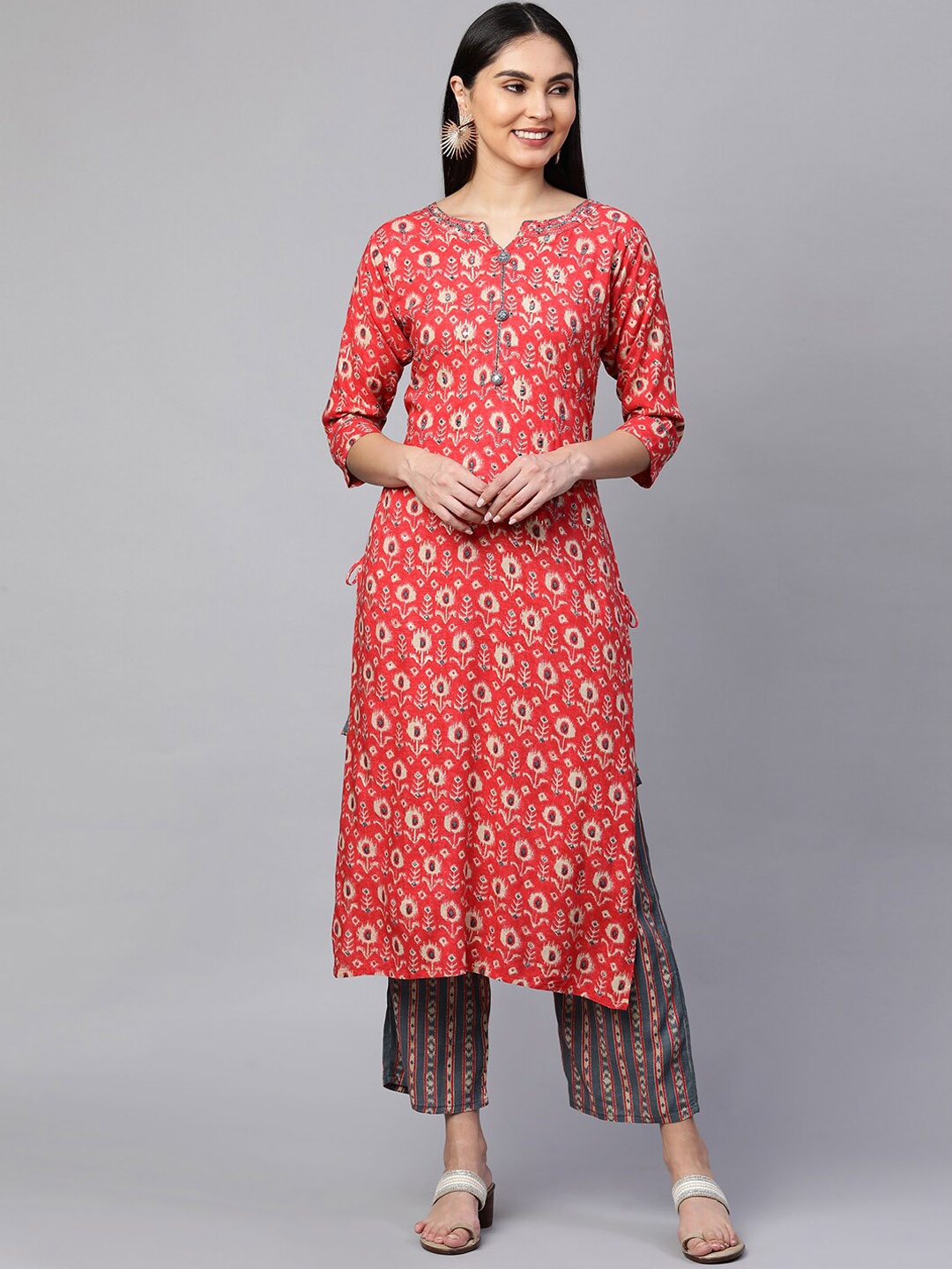 

FASHOR Women Orange Ikat Printed Kurta Kurta with Trousers