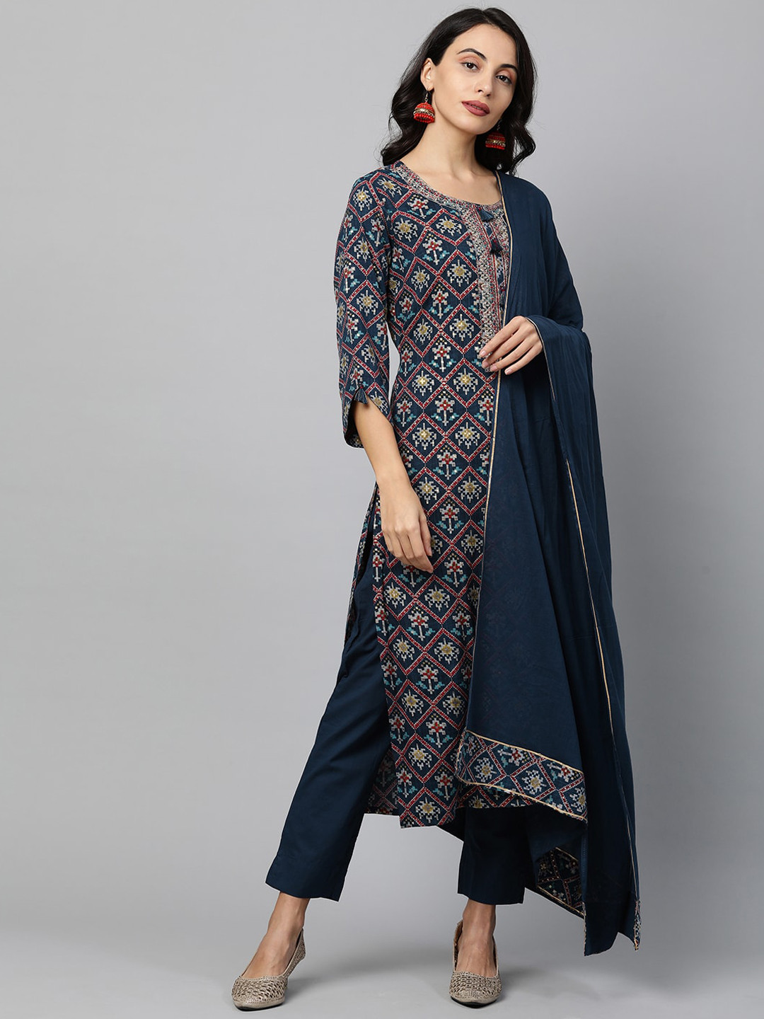 

FASHOR Women Navy Blue Ethnic Motifs Printed Kurta with Trousers & With Dupatta
