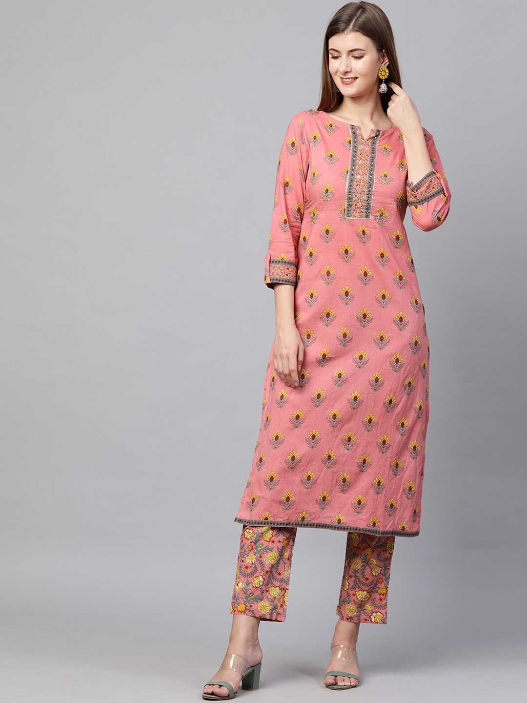 

FASHOR Women Pink Floral Printed Angrakha Pure Cotton Kurta with Trousers
