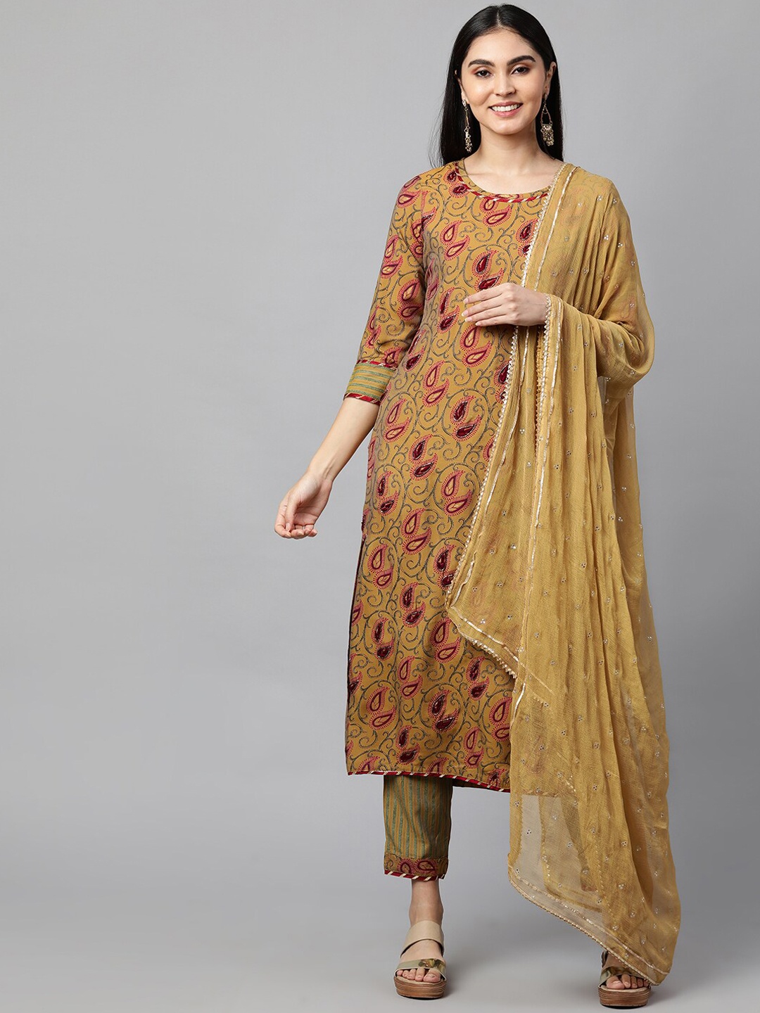 

FASHOR Women Mustard Yellow Ethnic Motifs Embroidered Thread Work Kurta with Trousers & With Dupatta