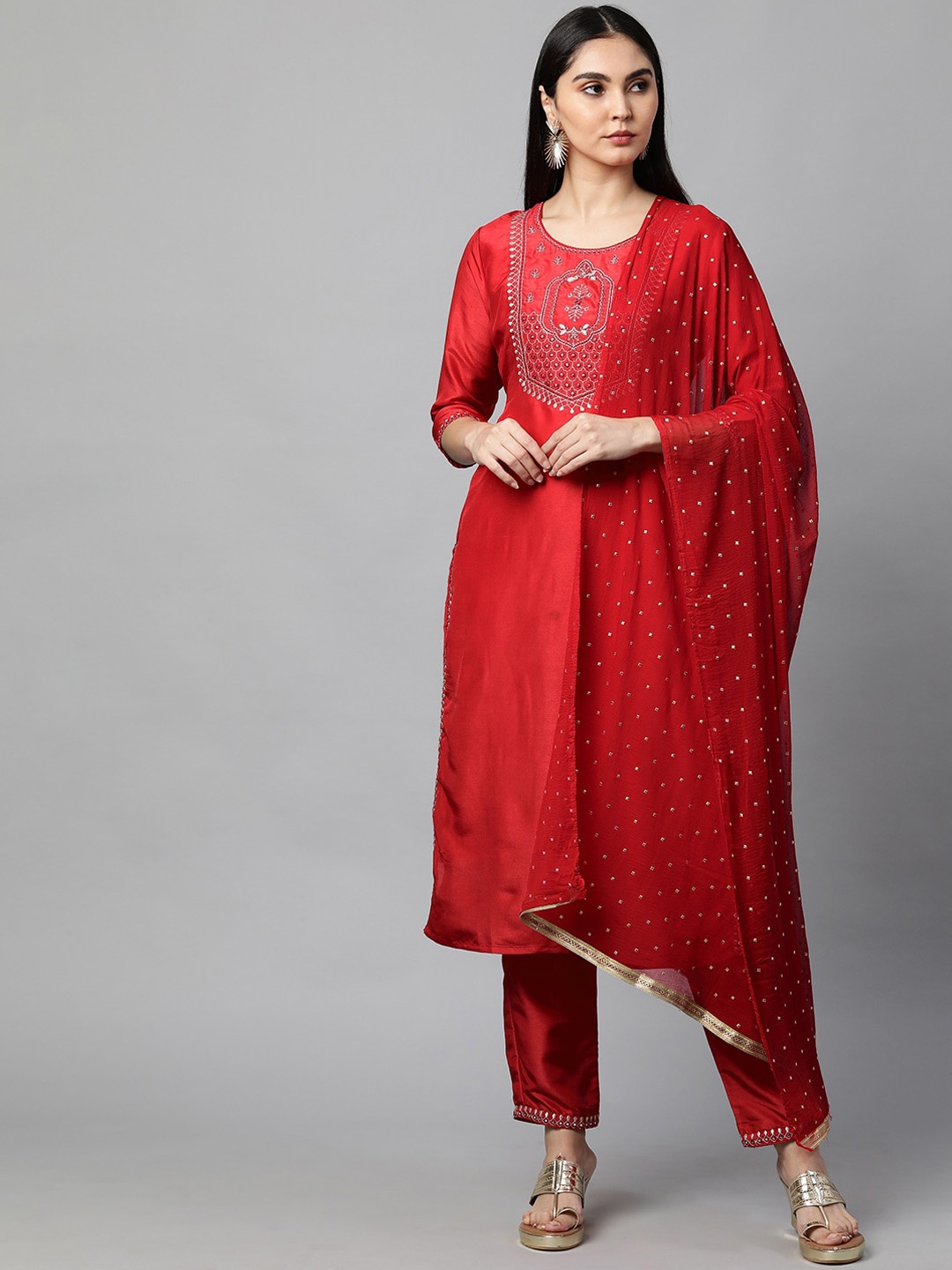 

FASHOR Women Red Empire Mirror Work Kurti with Trousers & With Dupatta