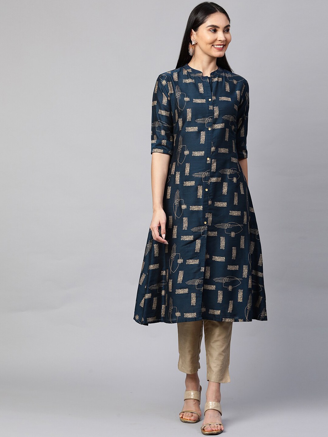 

FASHOR Women Navy Blue Printed Angrakha Dupion Silk Kurta with Trousers