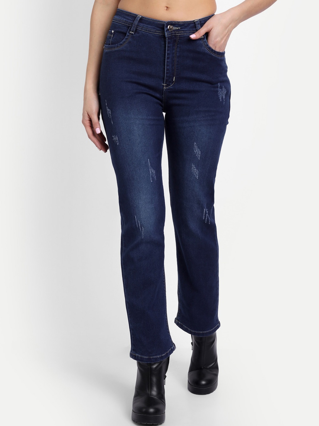 

BROADSTAR Women Navy Blue Jean Straight Fit High-Rise Low Distress Light Fade Stretchable Jeans