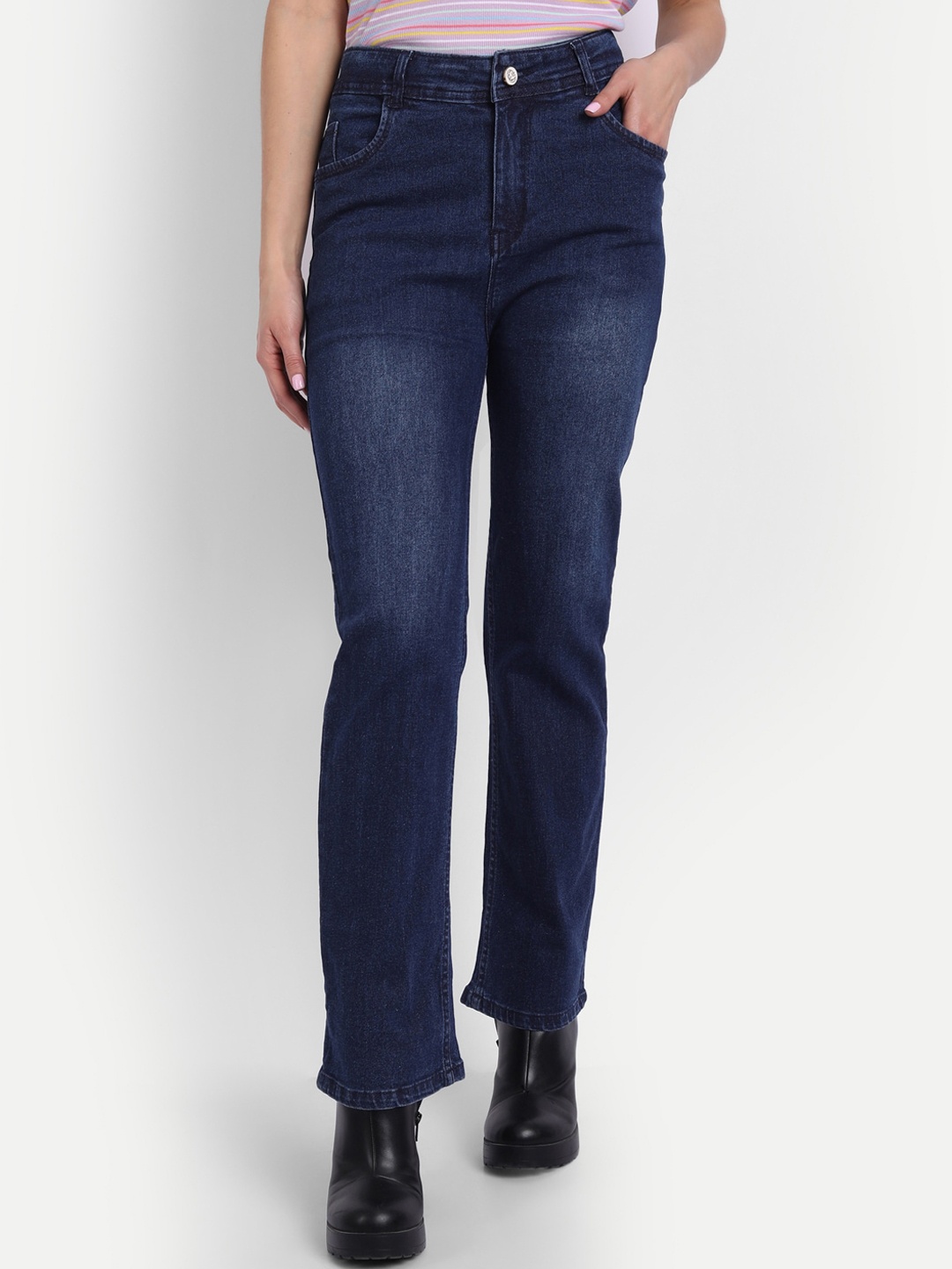 

BROADSTAR Women Navy Blue Jean Straight Fit High-Rise Light Fade Stretchable Jeans