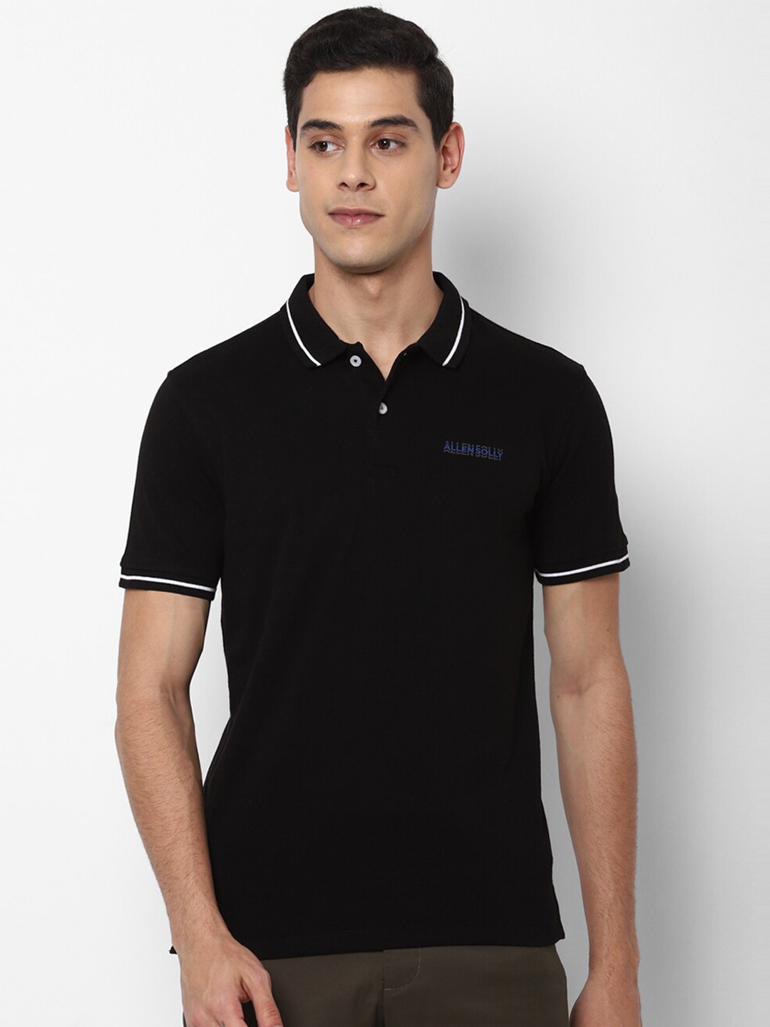 

Allen Solly Men Black Brand Logo Printed Polo Collar Applique T-shirt