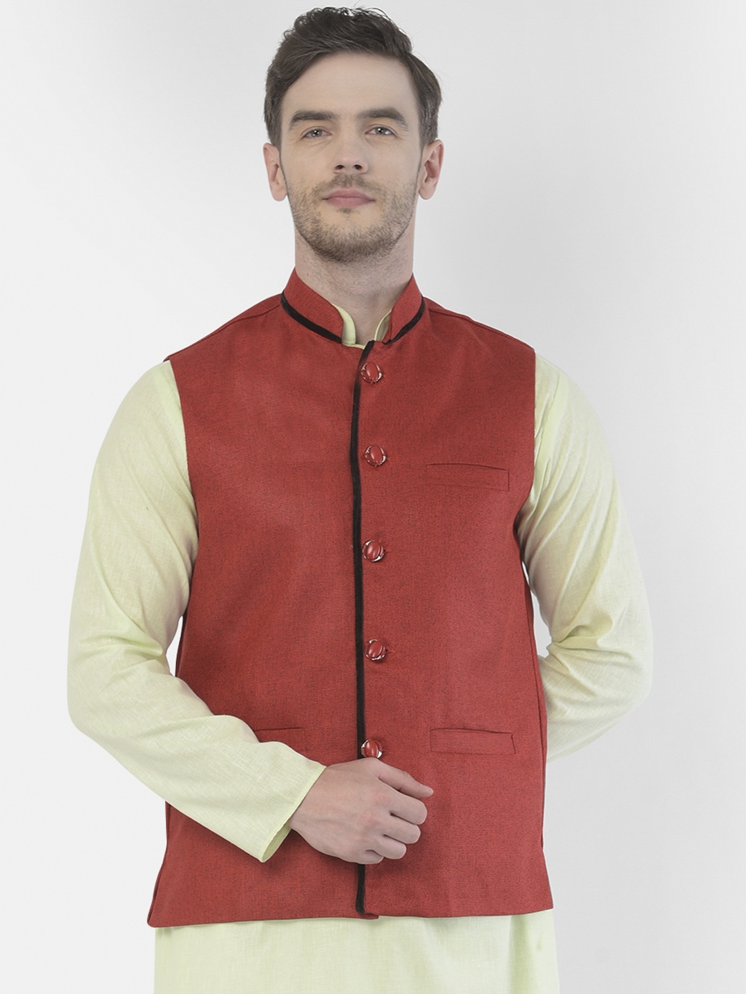 

SG LEMAN Men Red Woven Design Nehru Jacket