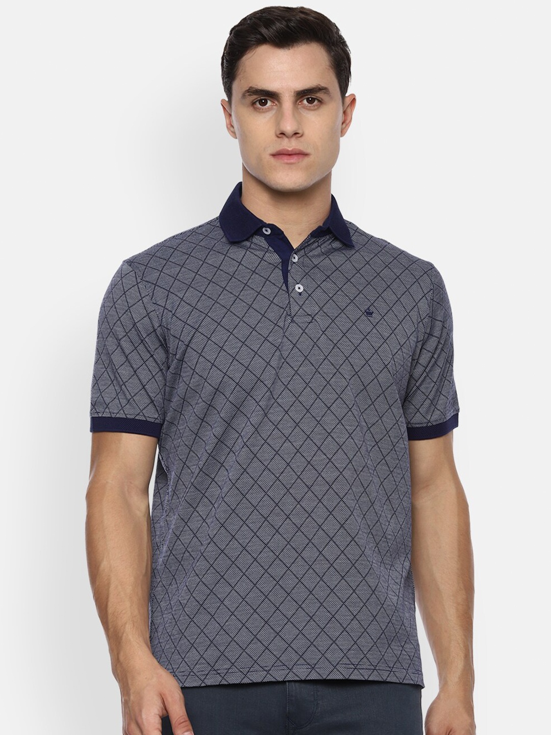 

Louis Philippe Men Navy Blue Checked Polo Collar T-shirt