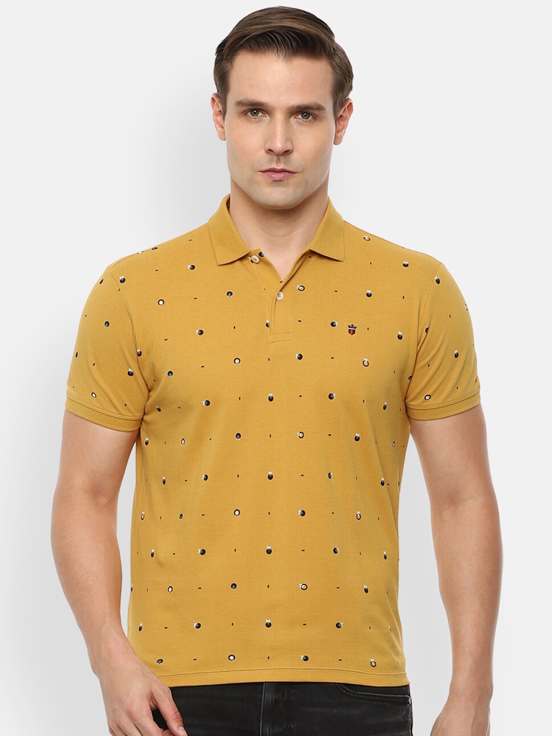 

Louis Philippe Jeans Men Mustard Yellow Printed Pure Cotton Polo Collar Slim Fit T-shirt