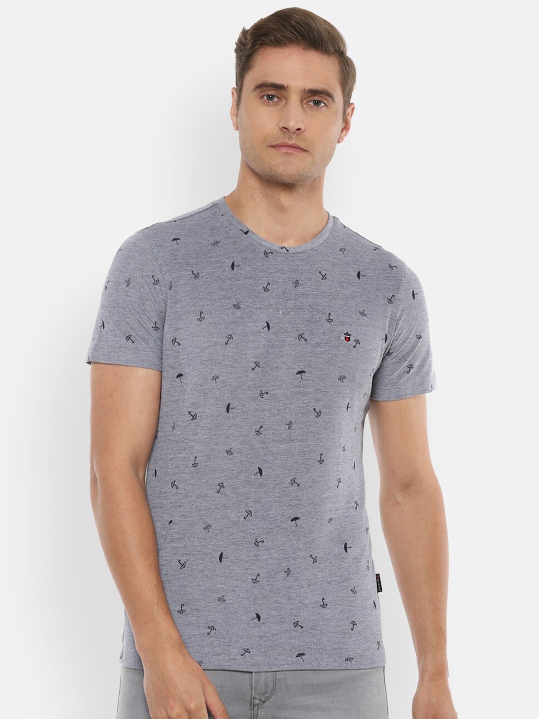 

Louis Philippe Jeans Men Grey & Navy Blue Printed Slim Fit Pure Cotton T-shirt
