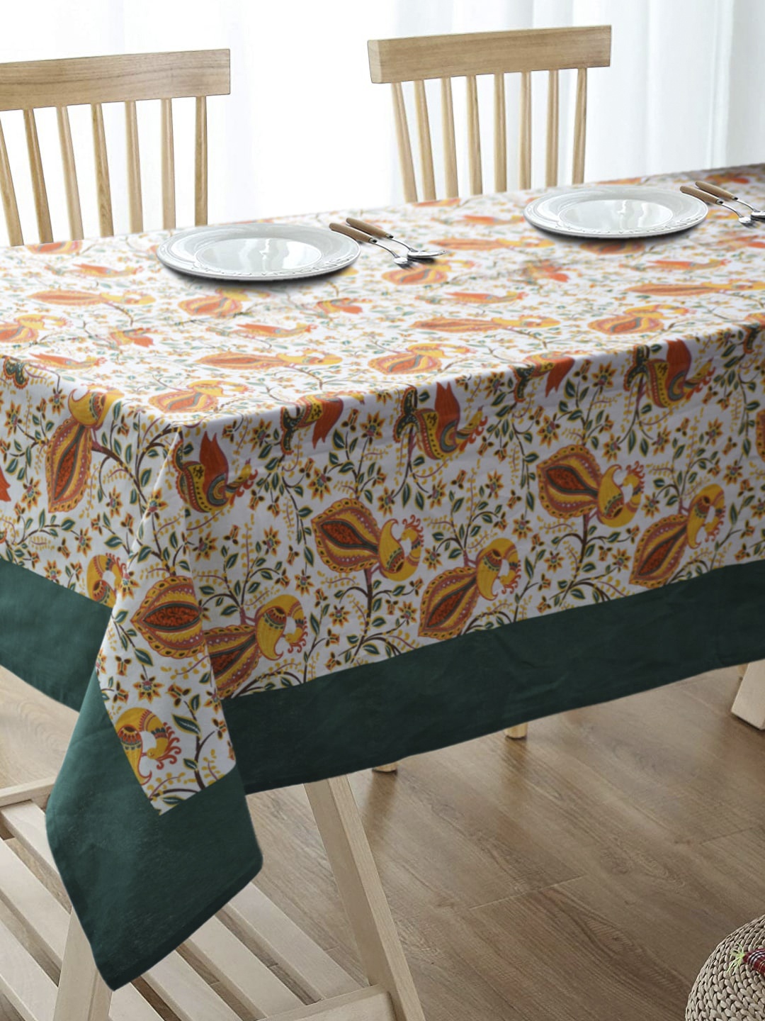 

BLANC9 Green & White Floral Printed Pure Cotton Rectangular Table Cover