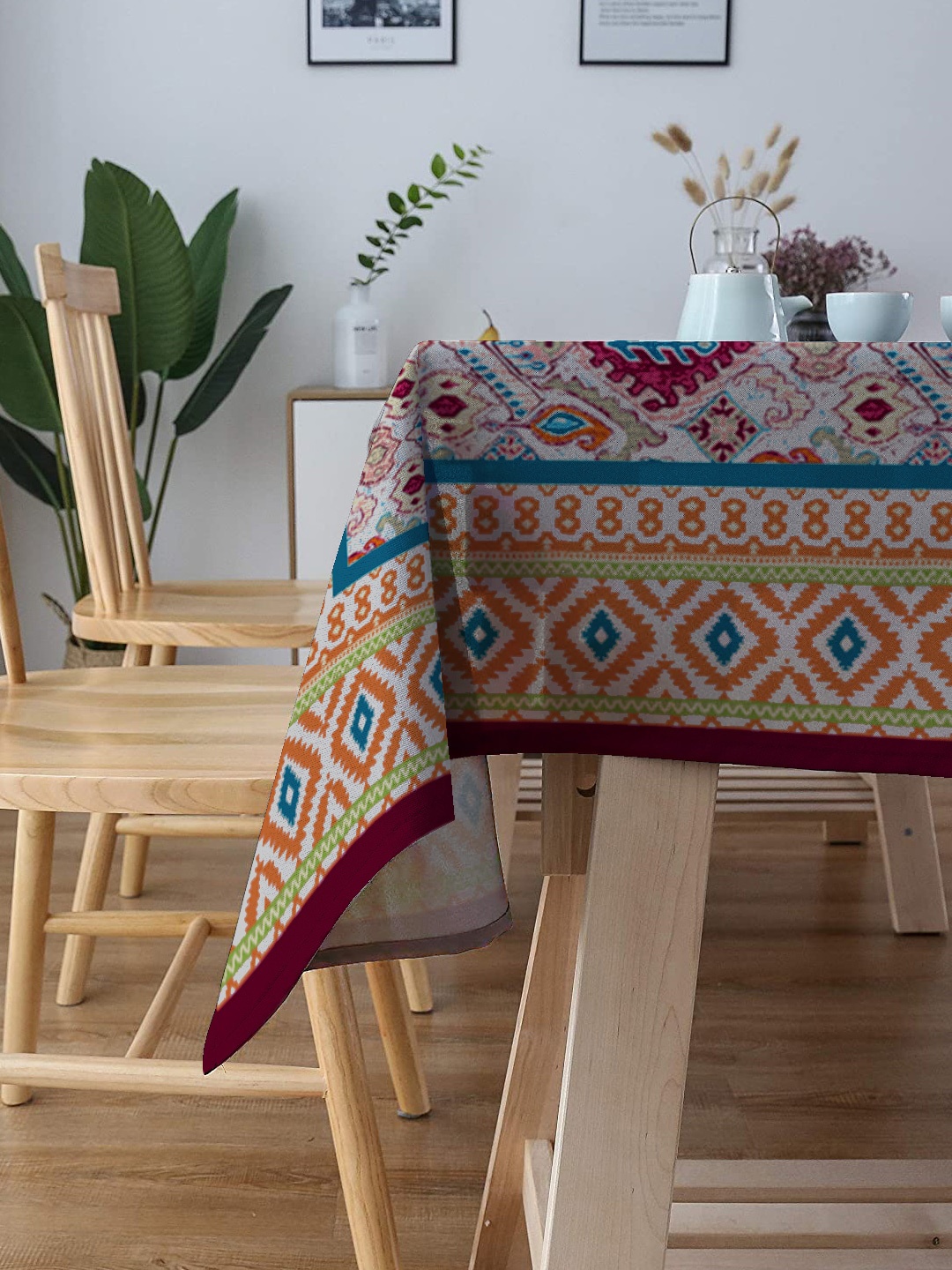 

BLANC9 Pink & White Geometric Printed Pure Cotton Dining Table Cover