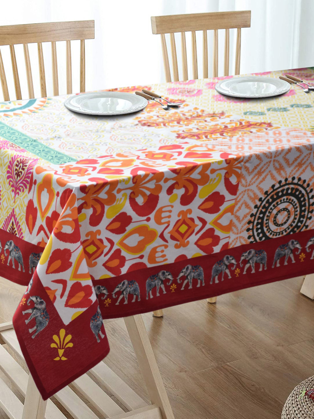 

BLANC9 Red & Yellow Ethnic Motifs Printed Pure Cotton Dining Table Cover
