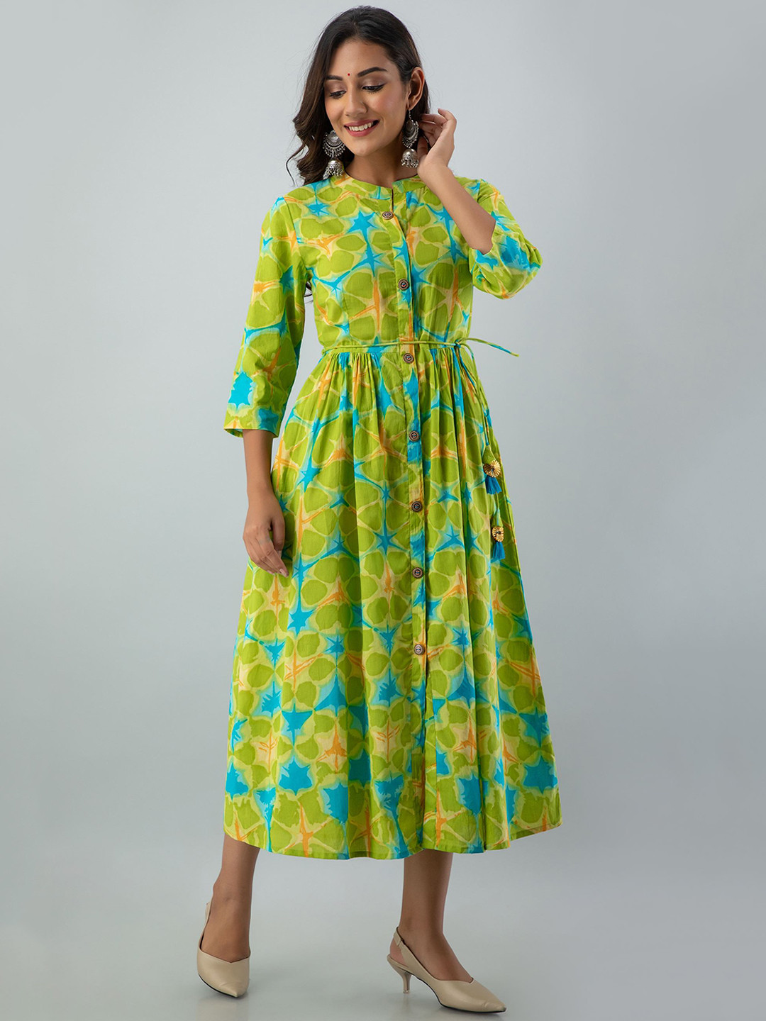 

KALINI Women Green & Yellow Floral Printed Pure Cotton Anarkali Kurta