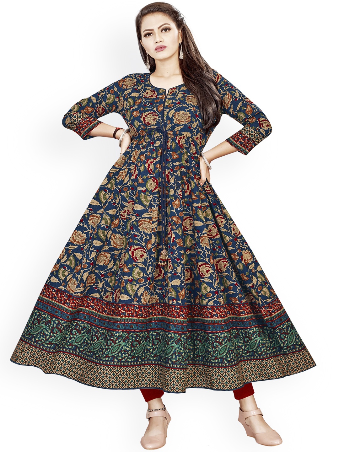 

KALINI Women Navy Blue & Beige Ethnic Motifs Printed Anarkali Kurta with Tie-Ups