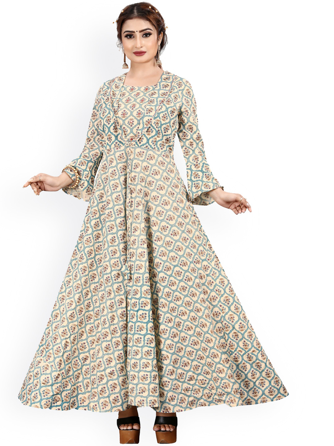 

KALINI Women Beige Ethnic Motifs Printed Bell Sleeves Anarkali Kurta