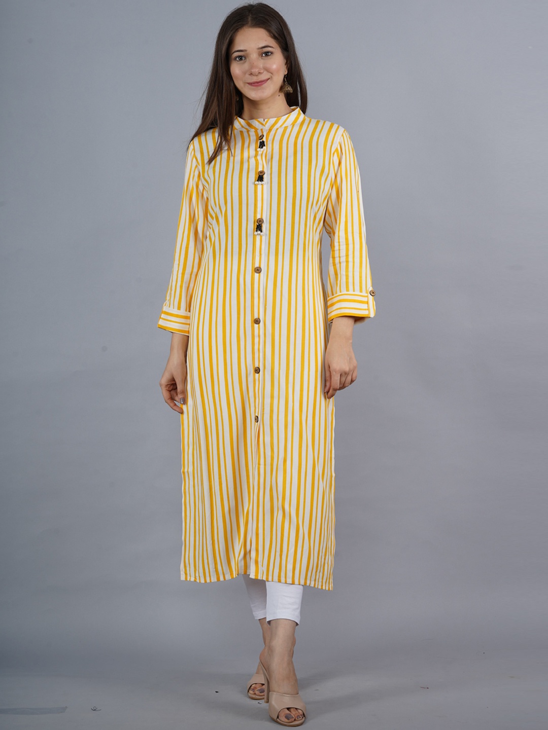 

KALINI Women White & Yellow Striped Straight Kurta
