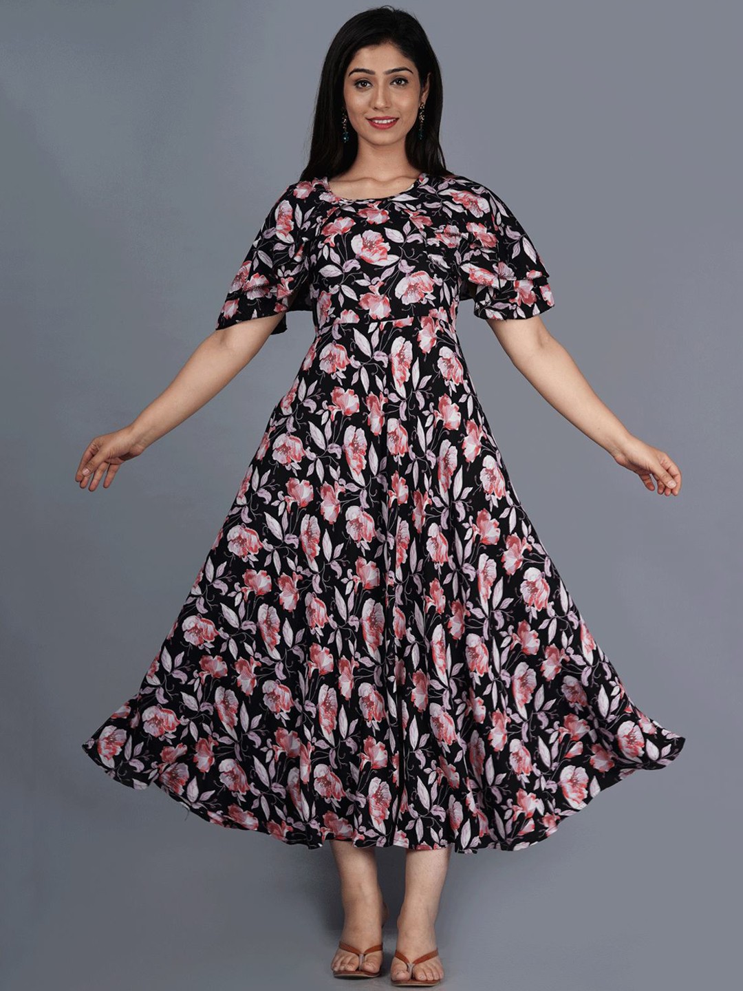 

KALINI Women Black Geometric Yoke Design Flared Sleeves Floral Anarkali Kurta