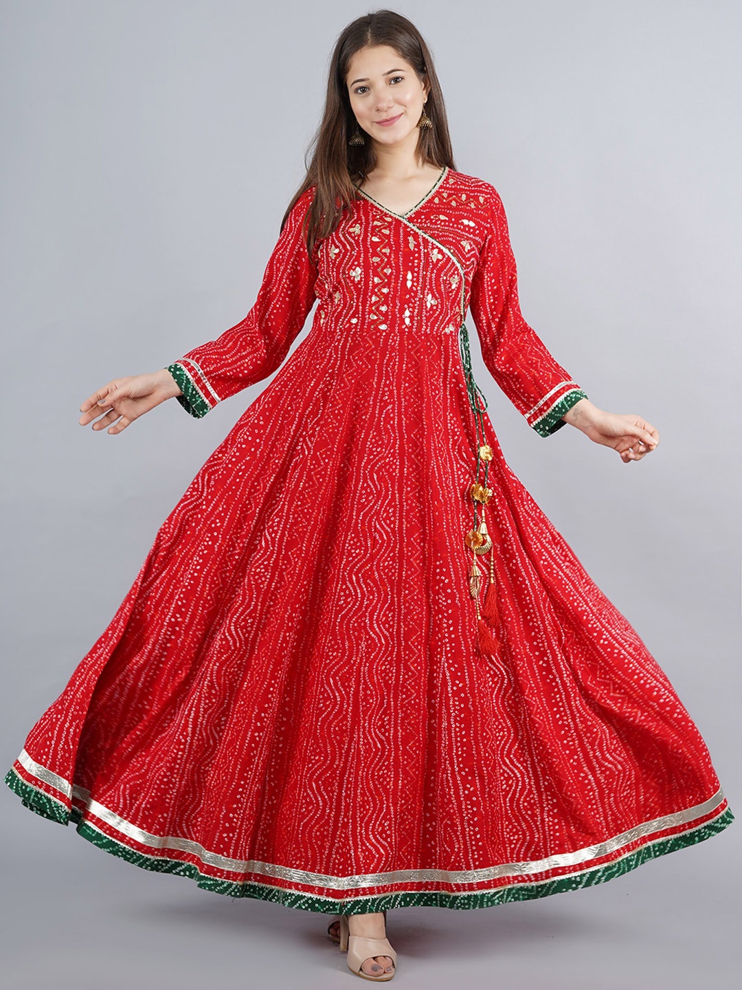 

KALINI Women Red & fire brick Ethnic Motifs Yoke Design Mirror Work Anarkali Kurta