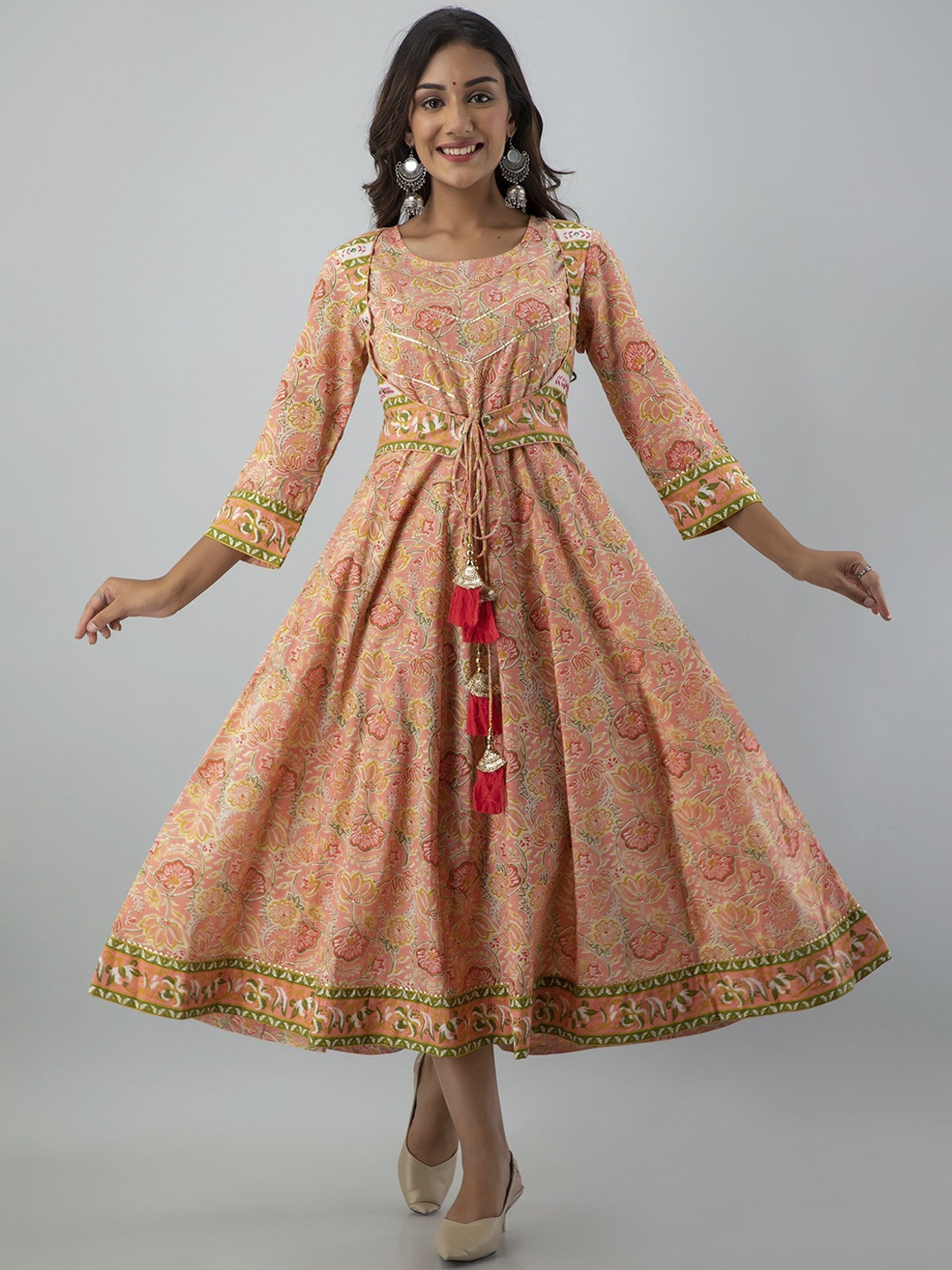 

KALINI Women Pink & hazel Ethnic Motifs Printed Thread Work Anarkali Kurta