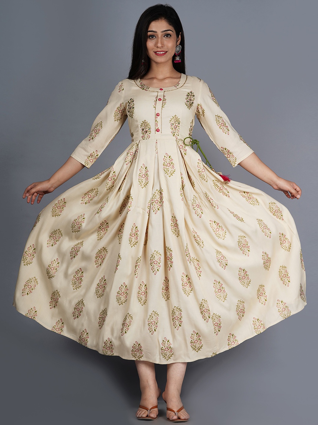 

KALINI Women Beige & Green Ethnic Motifs Printed Anarkali Kurta with Tie-Ups