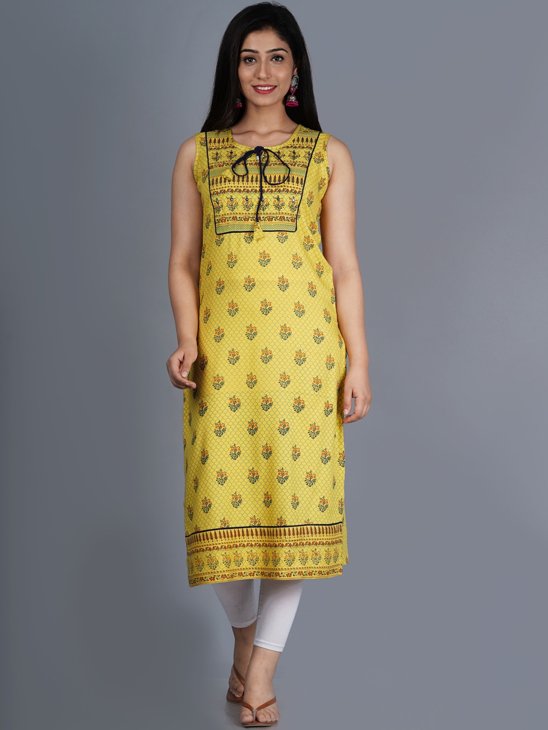

KALINI Women Mustard Yellow Quirky Printed Mirror Work Kurta