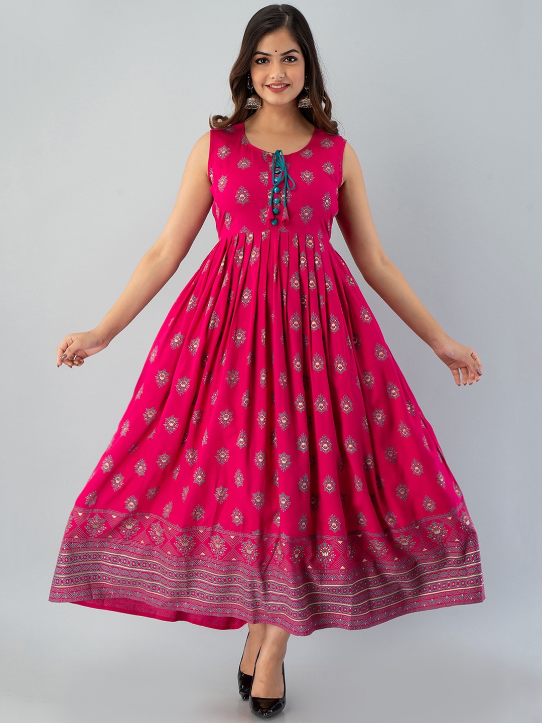 

KALINI Women Pink & Blue Ethnic Motifs Printed Anarkali Kurta