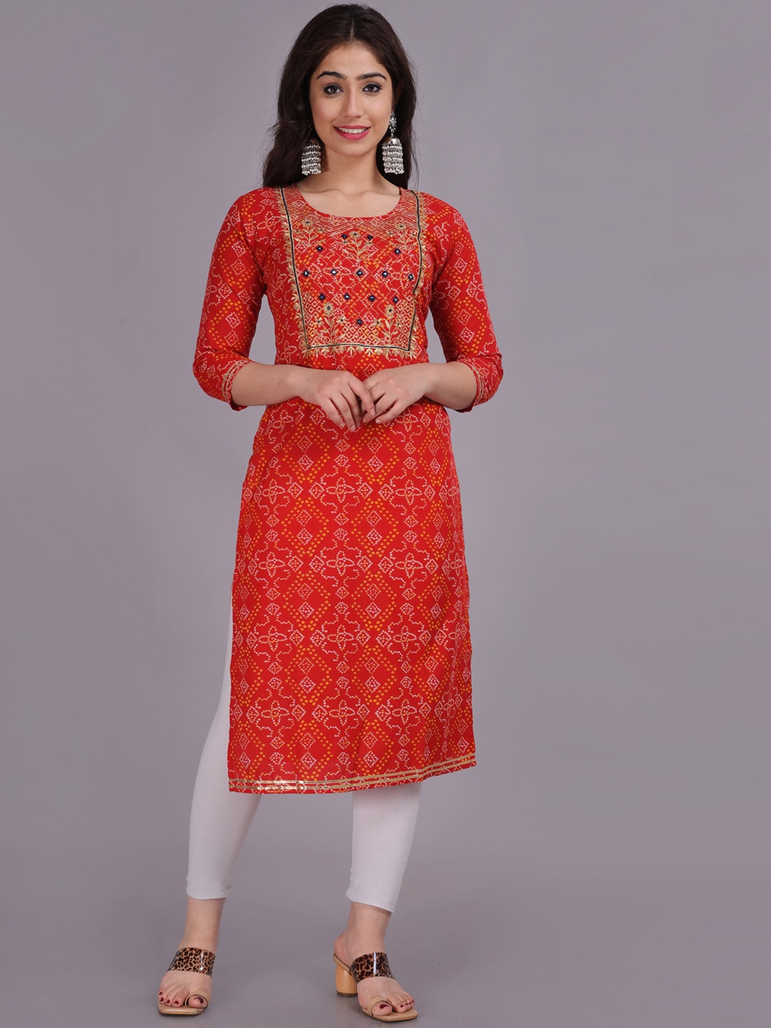 

KALINI Women Red & fire brick Printed Thread Work Kurta