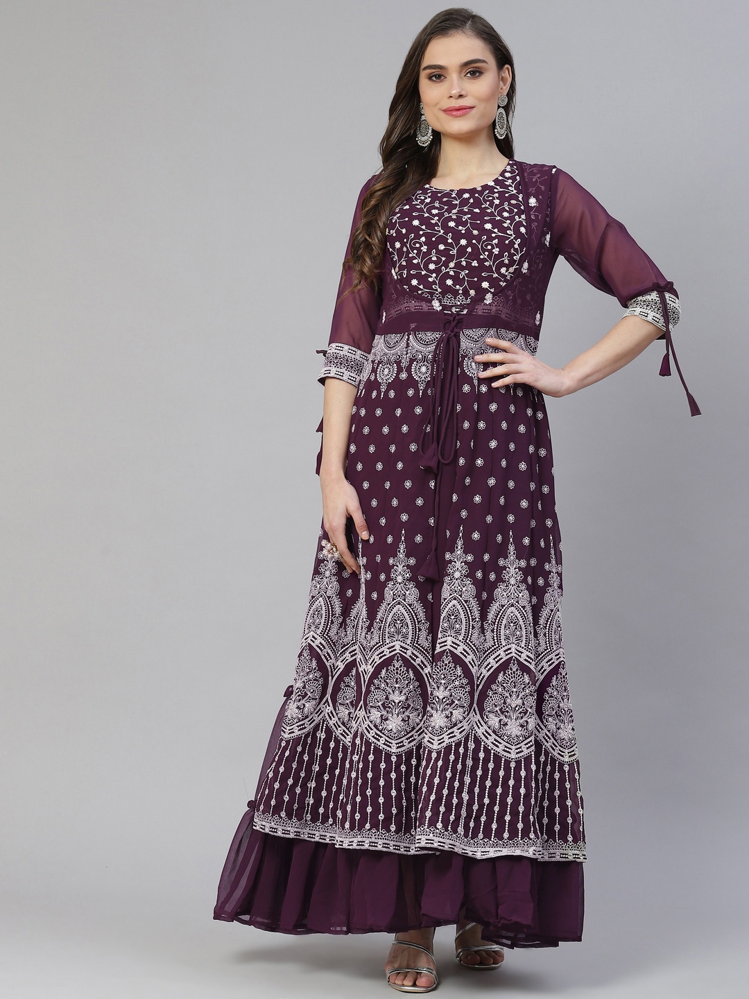 

SHOPGARB Women Aubergine & White Ethnic Motifs Embroidered Bell Sleeves Layered Kurta, Purple