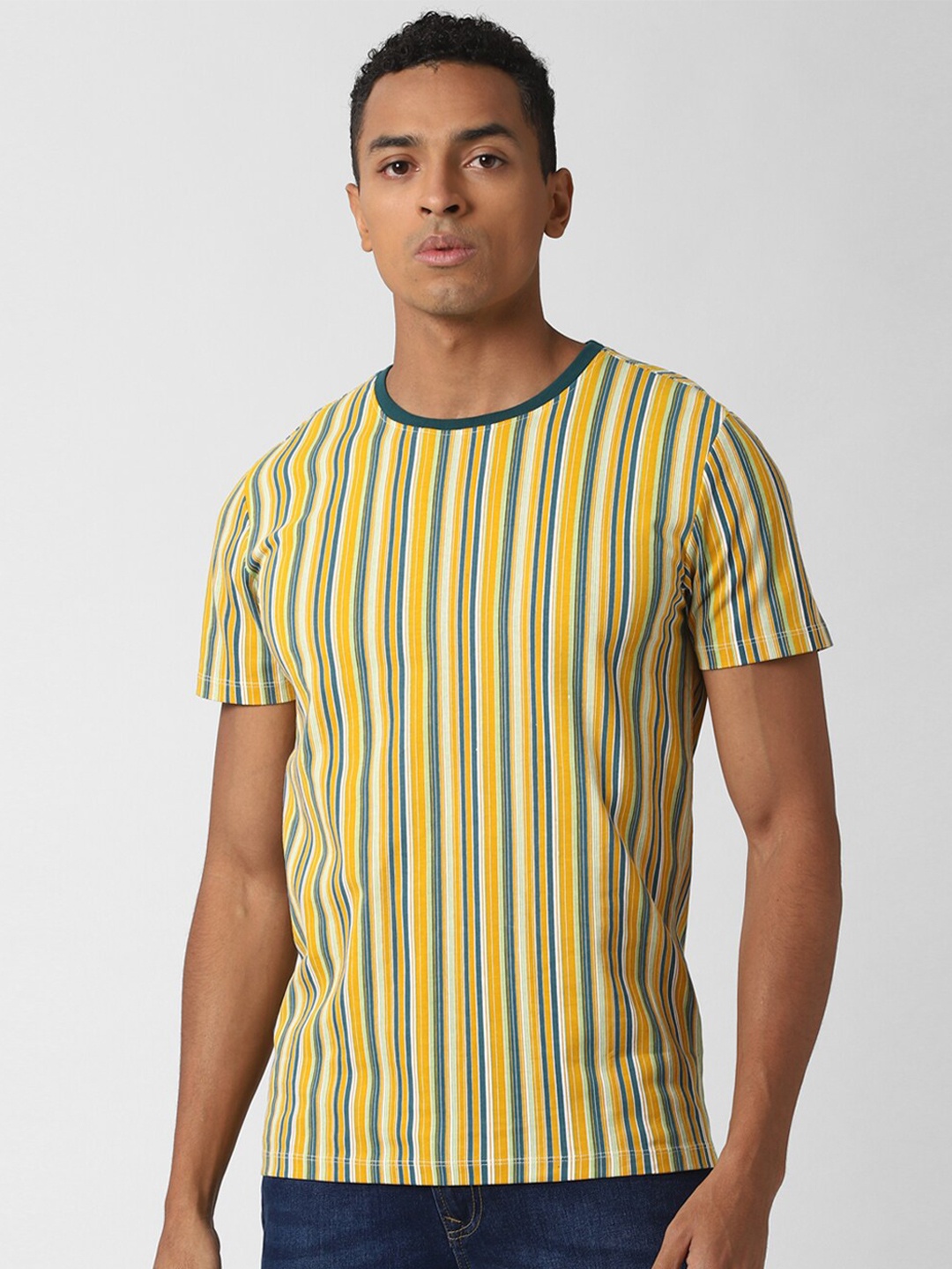 

Peter England Casuals Men Yellow Striped Pockets Slim Fit T-shirt