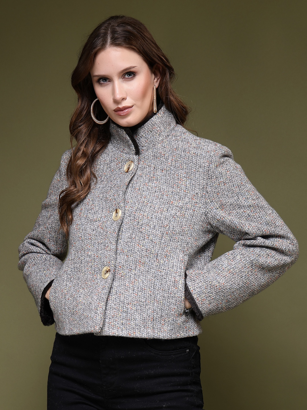 

Juelle Women Grey Self Design Pea Coat