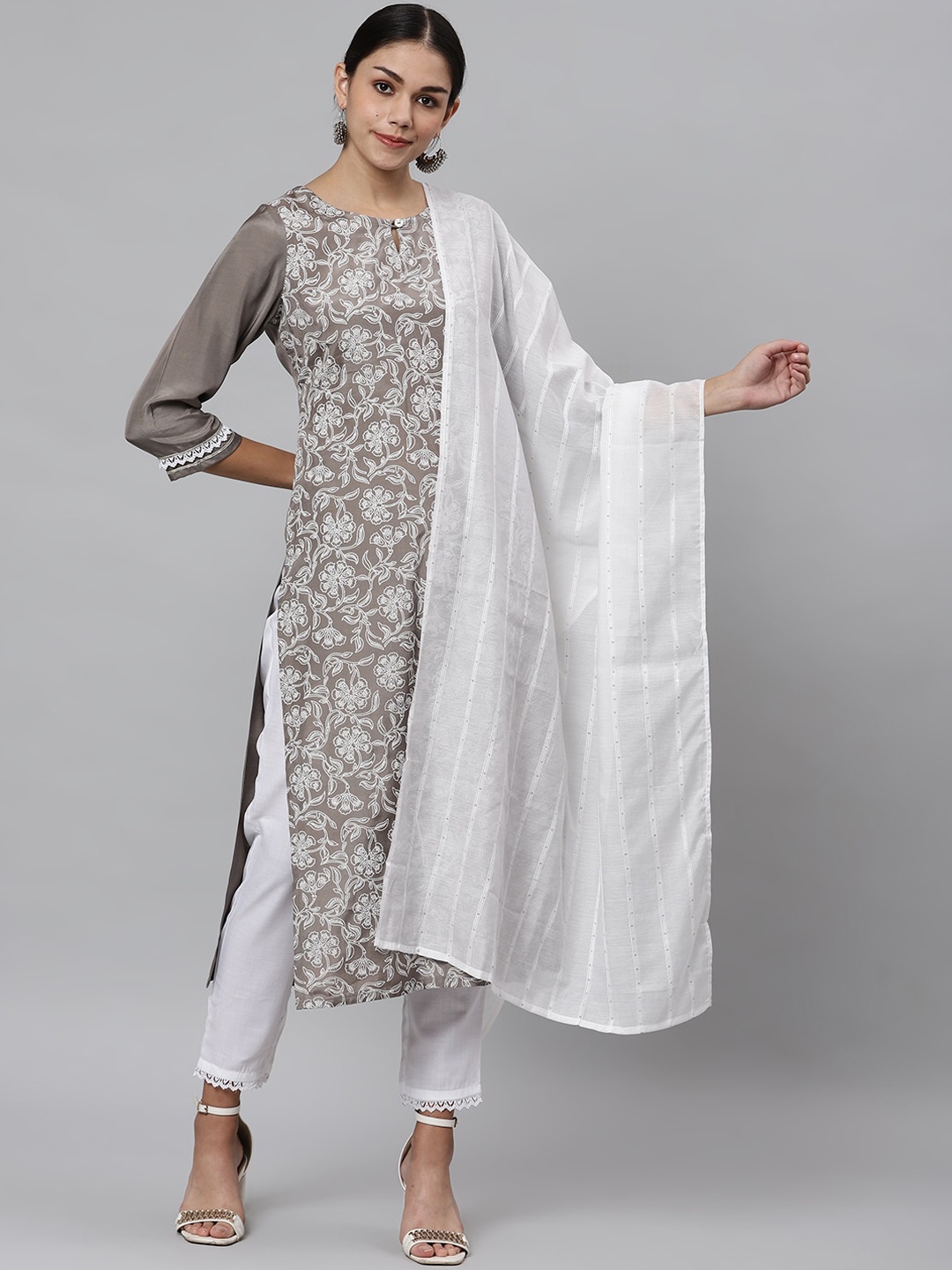 

Os Women Grey Ethnic Motifs Printed Kurta with Trousers & Dupatta