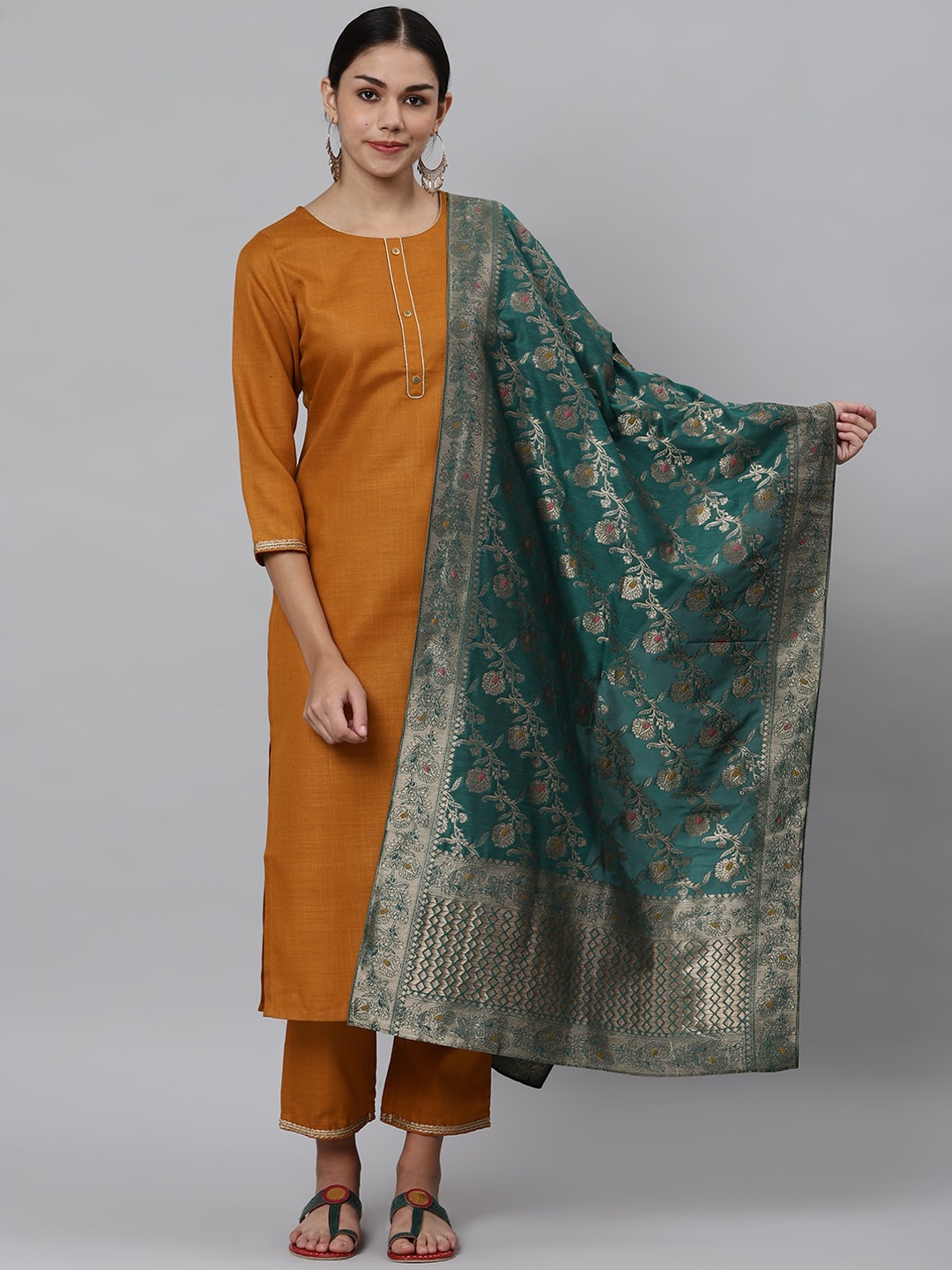 

Os Women Mustard Yellow & Green Gotta Patti Kurta with Trousers & Dupatta