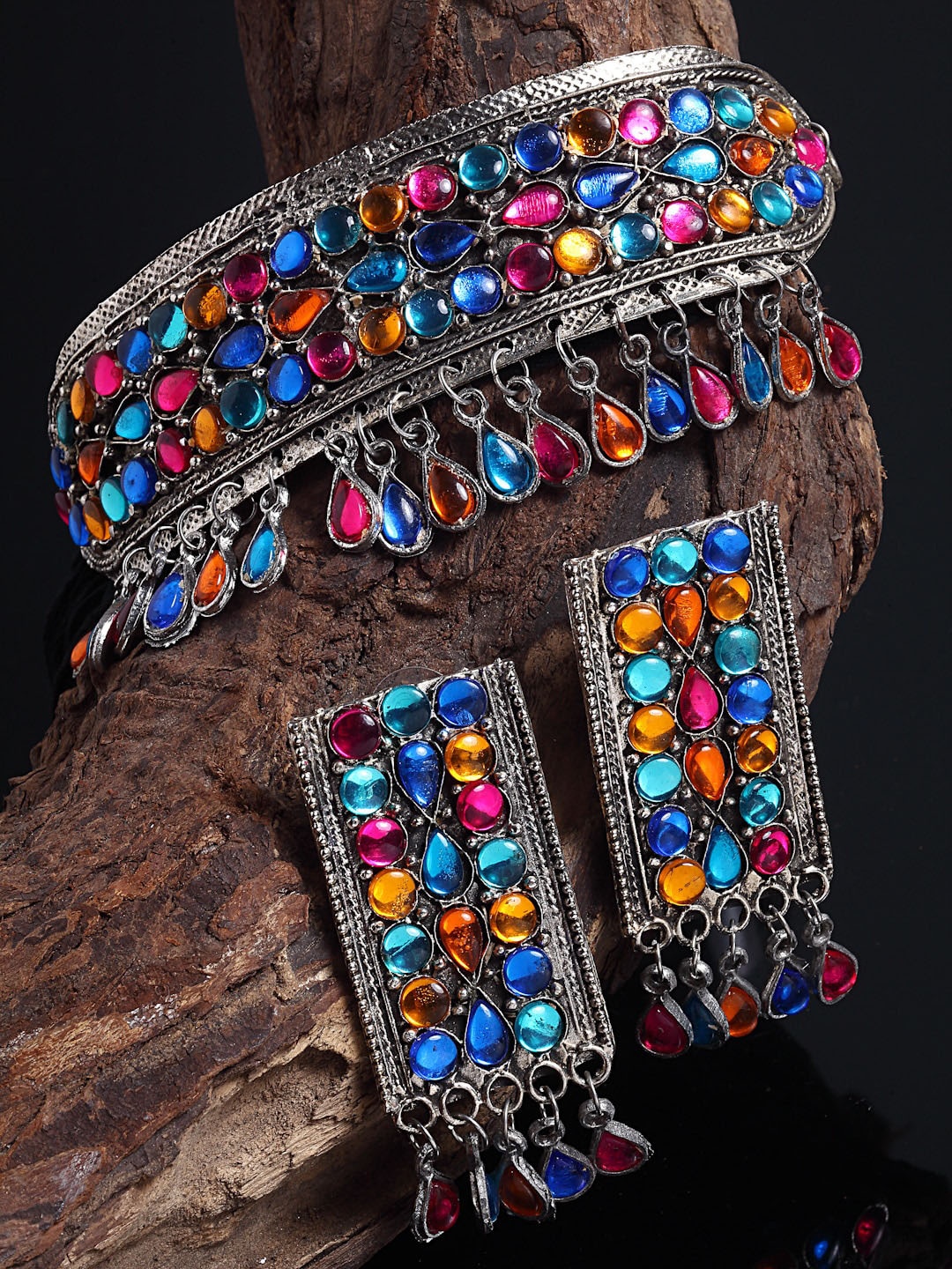

Arrabi Oxidised Pink & Blue Stone-Studded Jewellery Set