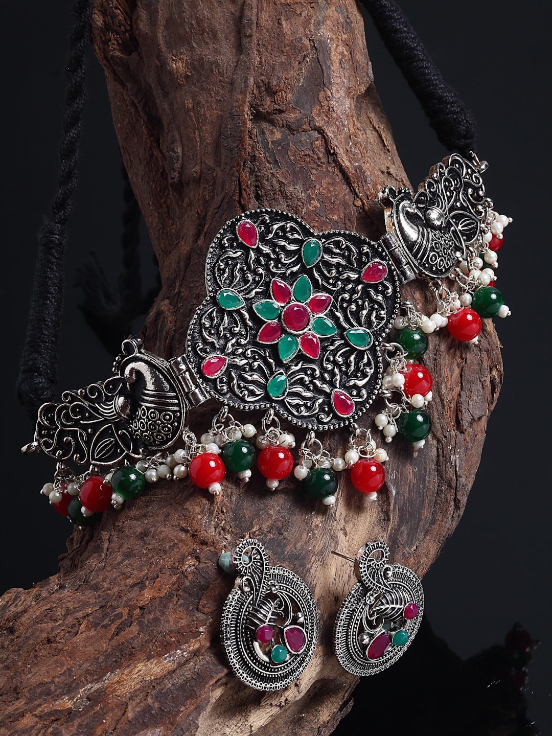 

Arrabi Oxidised Silver-Toned & Red Stone-Studded & Beaded Jewellery Set