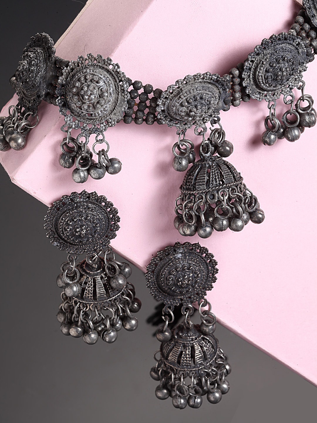 

Arrabi Oxidised Silver-Toned Ghungaroo Jewellery Set, Metallic