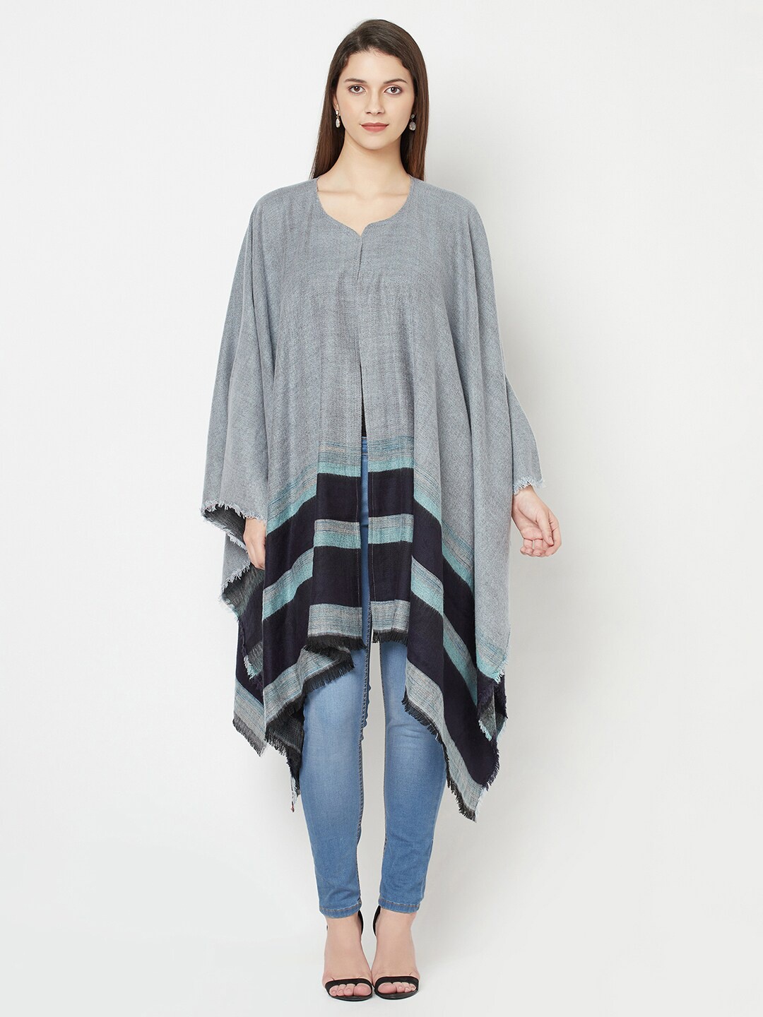 

Owncraft Women Grey & Black Striped Longline Bohemian Shrug