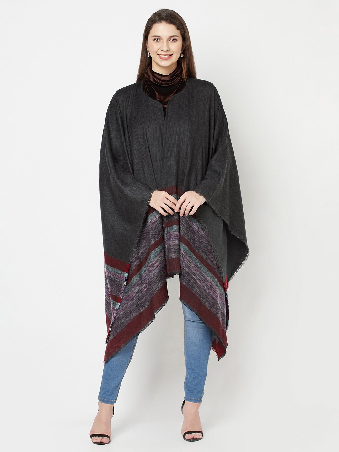 

Owncraft Women Grey Melange & Brown Striped Poncho Sweater