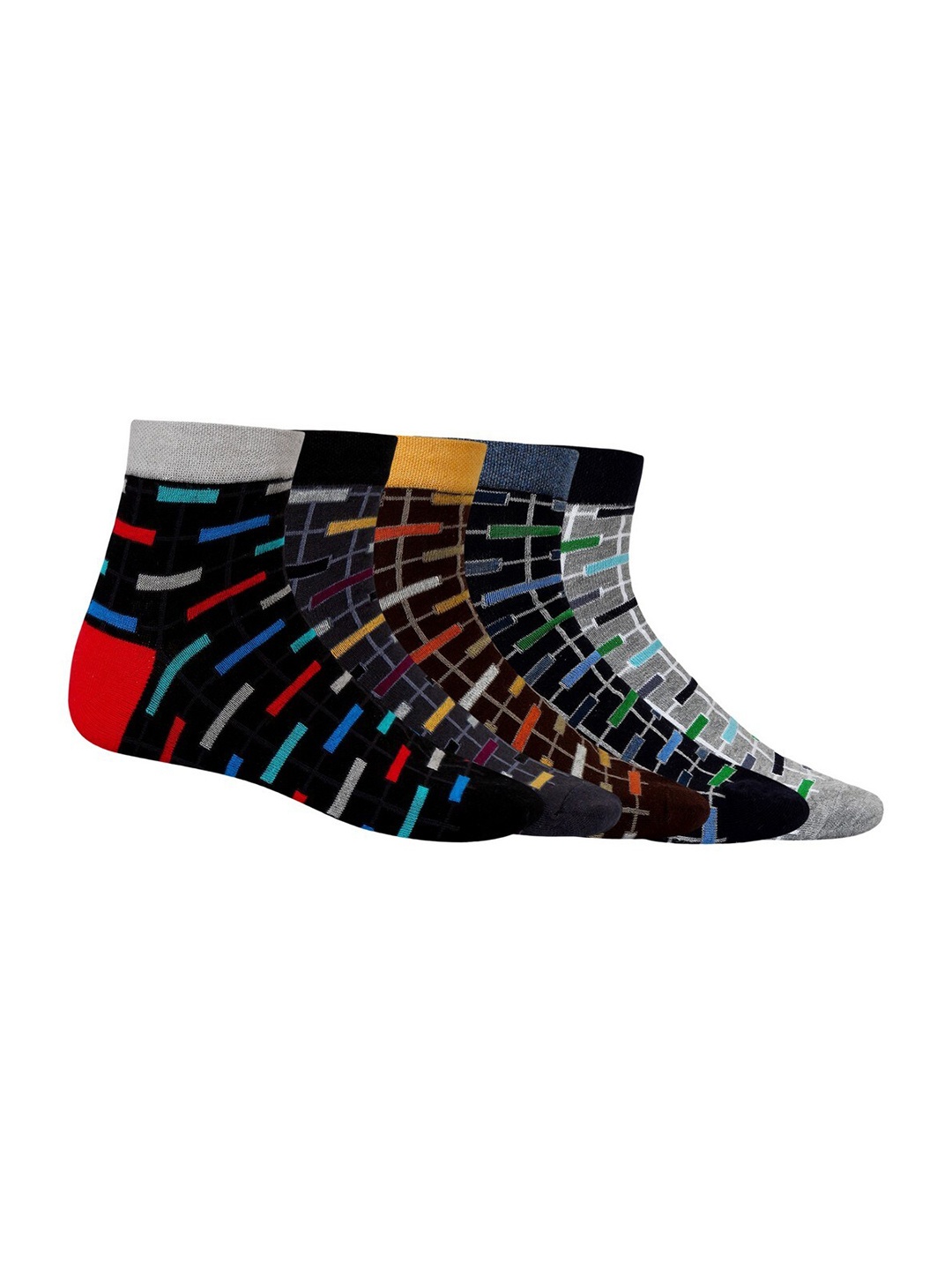 

SIDEWOK Men Pack Of 5 Patterned Pure Combed Cotton Ankle-Length Socks, Black