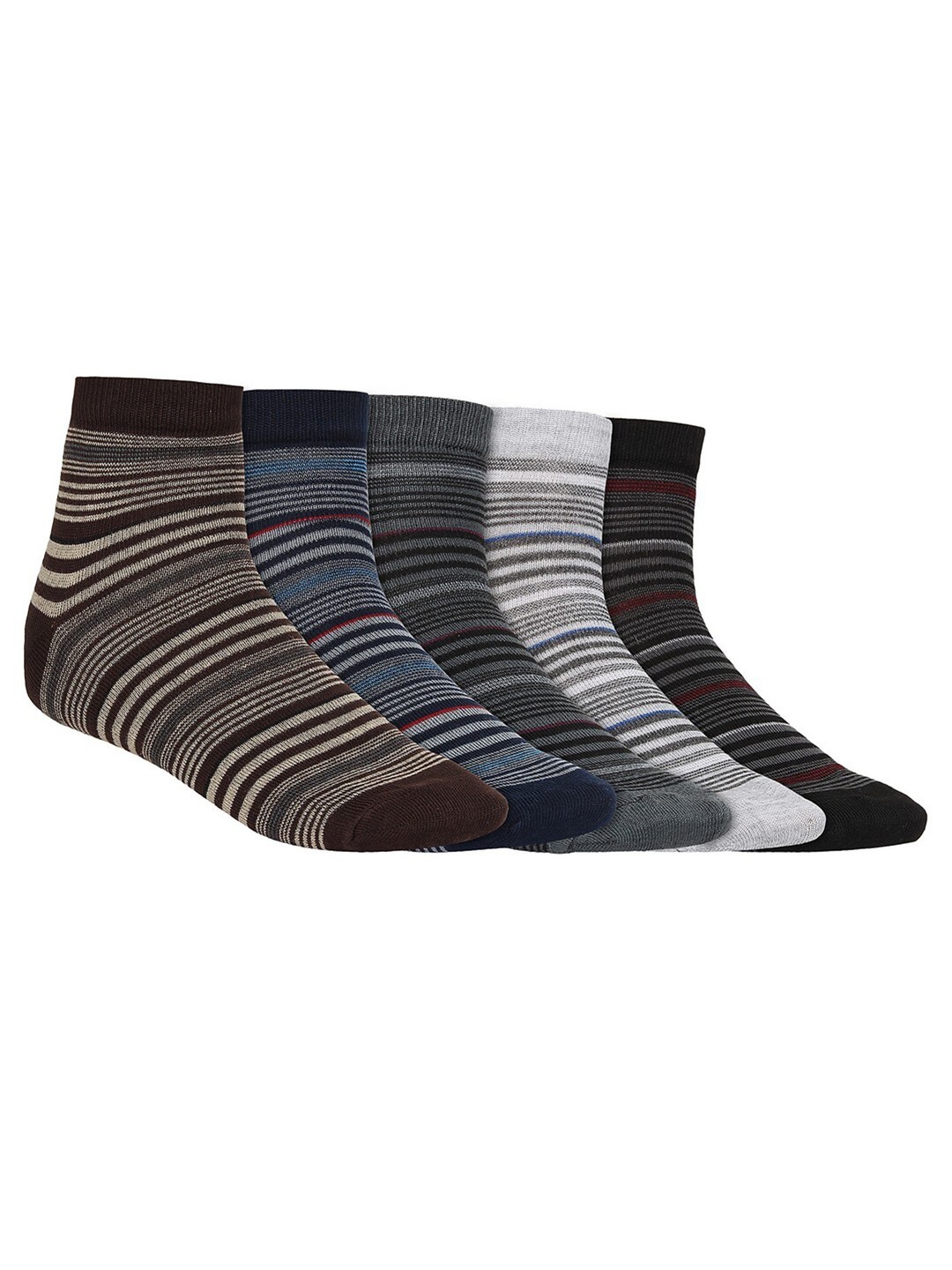 

SIDEWOK Men Pack Of 5 Striped Pure Combed Cotton Ankle-Length Socks, Black
