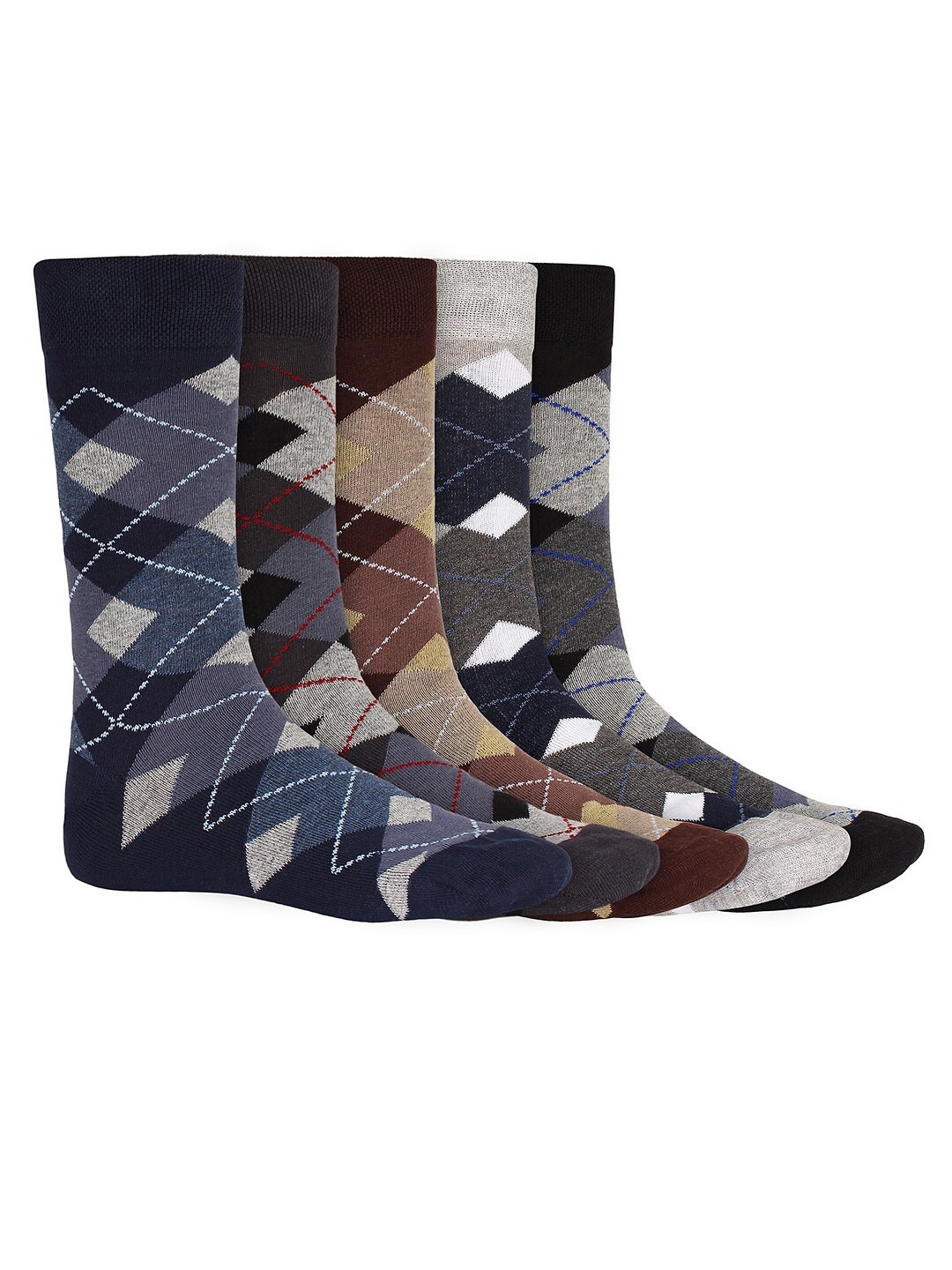

SIDEWOK Men Pack Of 5 Patterned Pure Combed Cotton Calf-Length Socks, Blue