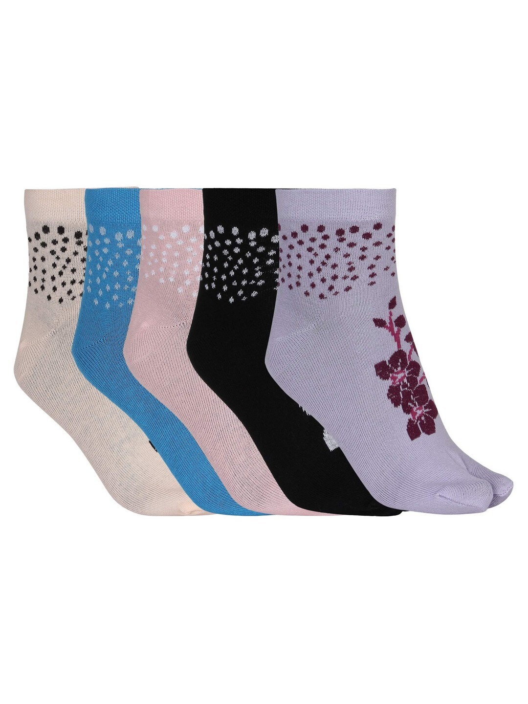 

SIDEWOK Women Pack Of 5 Patterned Pure Combed Cotton Ankle-Length Socks, Black