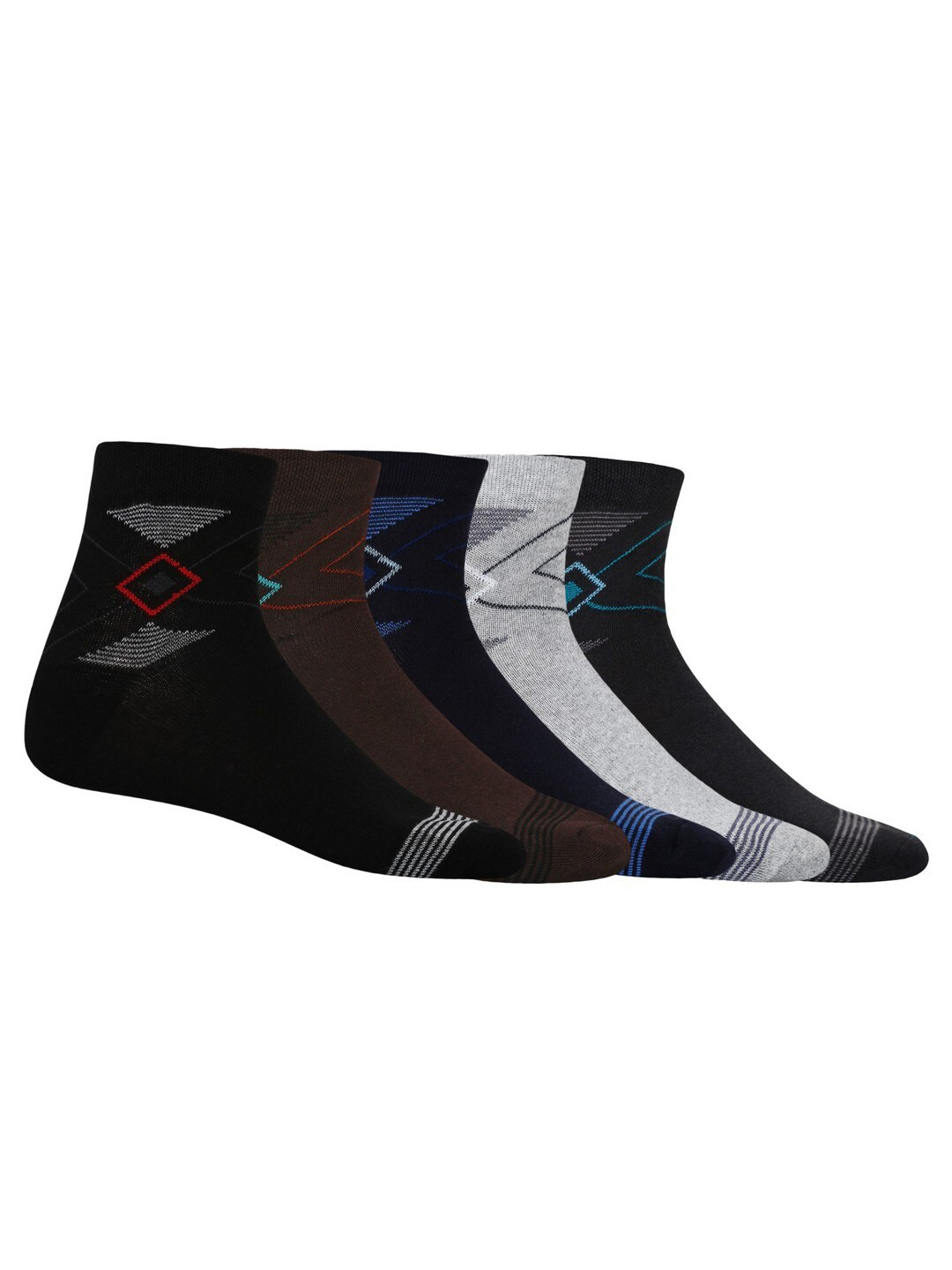 

SIDEWOK Men Pack Of 5 Patterned Pure Combed Cotton Ankle-Length Socks, Black