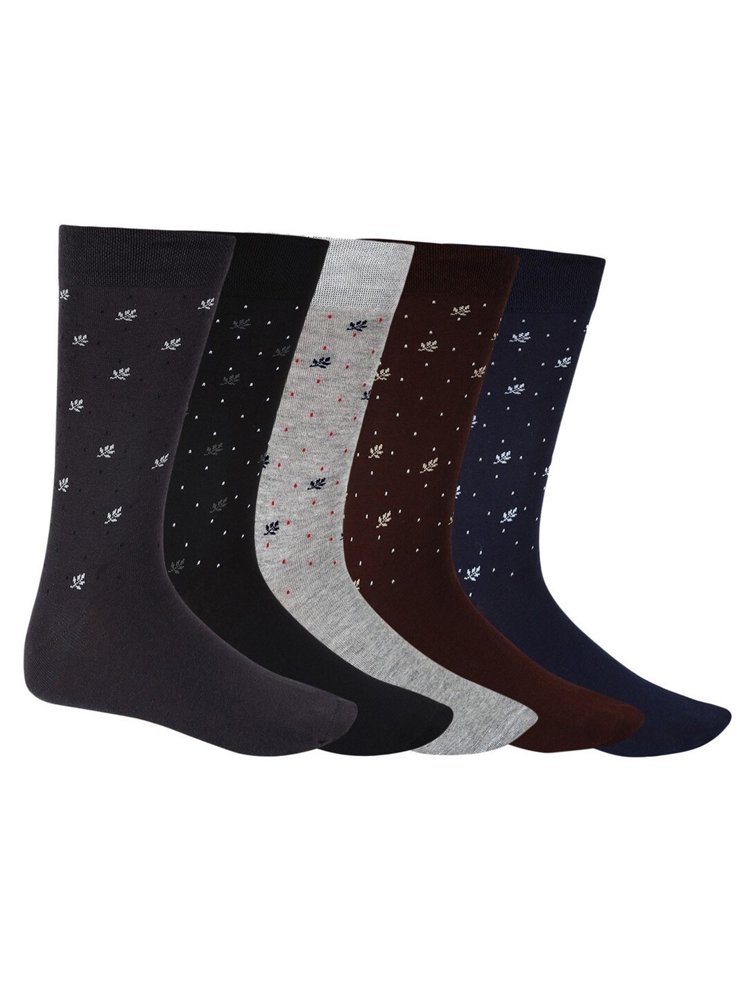 

SIDEWOK Men Pack Of 5 Patterned Pure Combed Cotton Calf-Length Socks, Grey