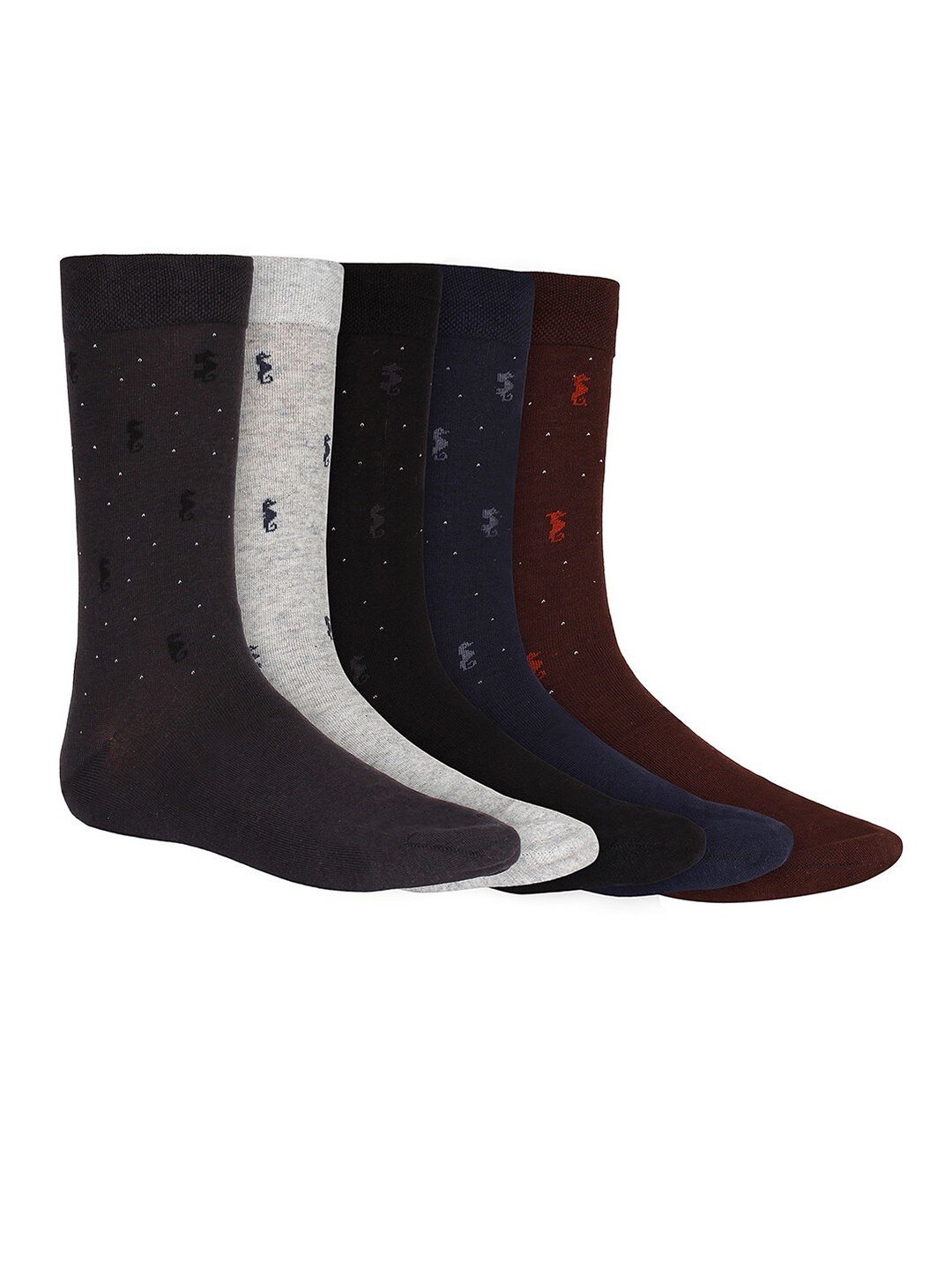 

SIDEWOK Men Pack Of 5 Patterned Pure Combed Cotton Calf-Length Socks, Grey