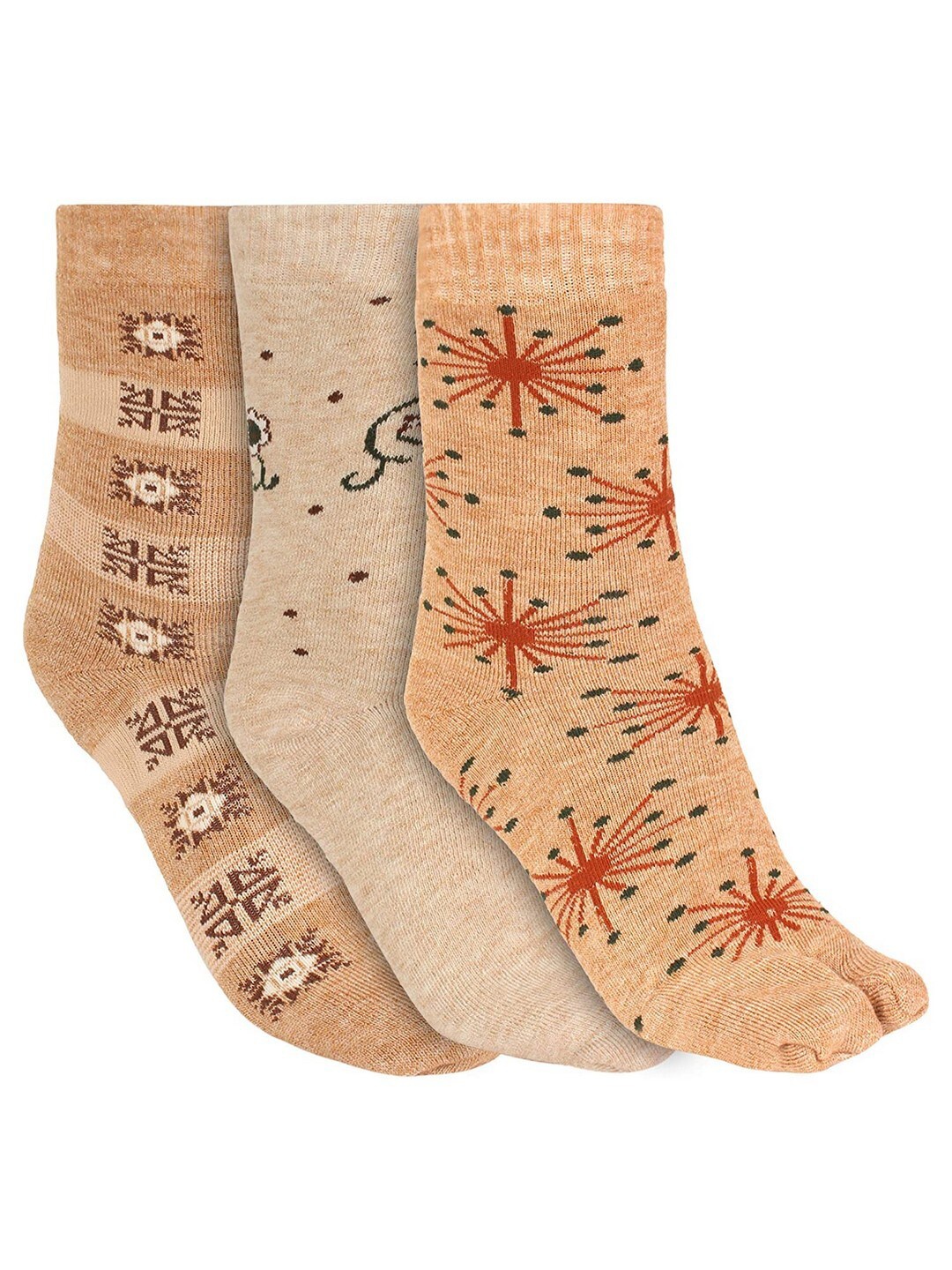 

SIDEWOK Women Pack Of 3 Patterned Pure Combed Cotton Calf-Length Socks, Beige