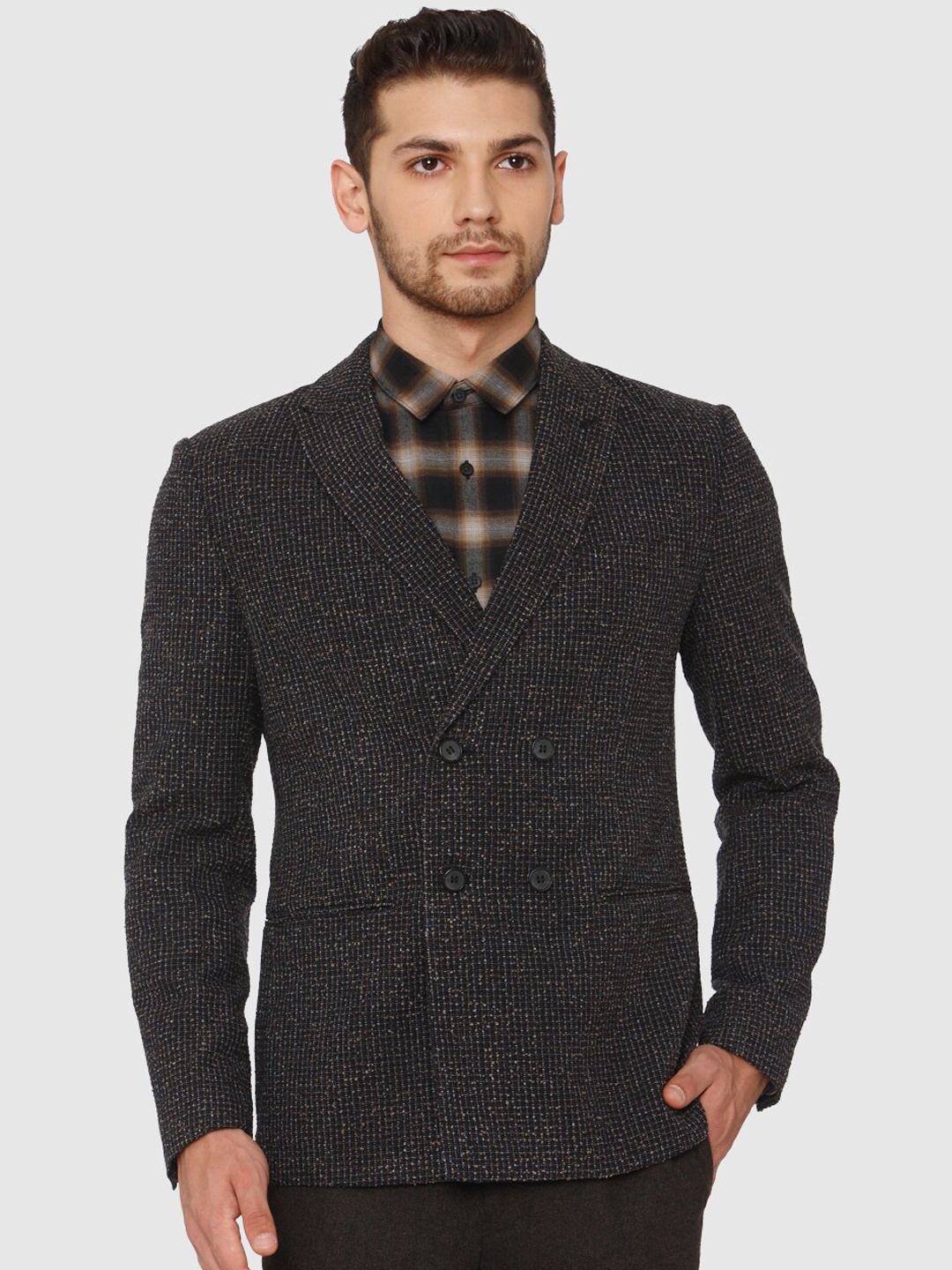 

SELECTED Men Brown Checked Slim Fit Double Breasted Blazer