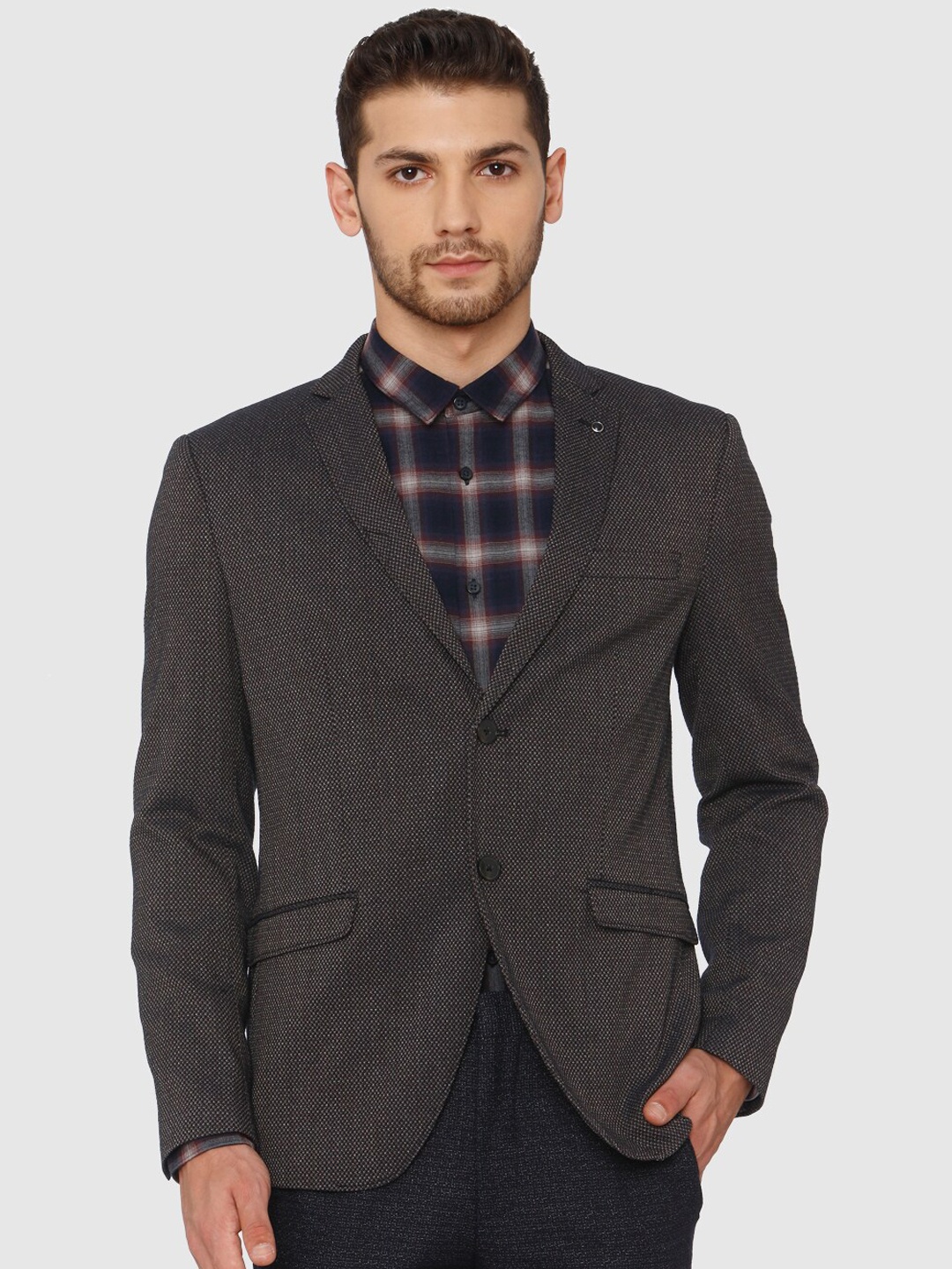

SELECTED Men Navy Blue Self Design Single-Breasted Slim-Fit Formal Blazer
